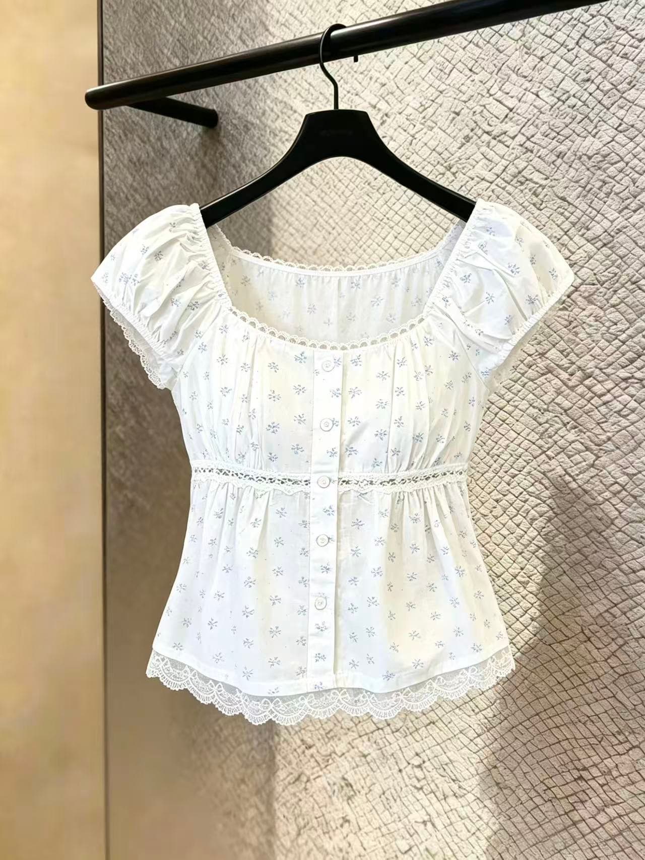 실사 한 부서 여름 프랑스식 품격 u 칼라 레이스 달콤함 꽃무늬 펌프 Pleat 거품 소매 맨위 chic 이미지 4
