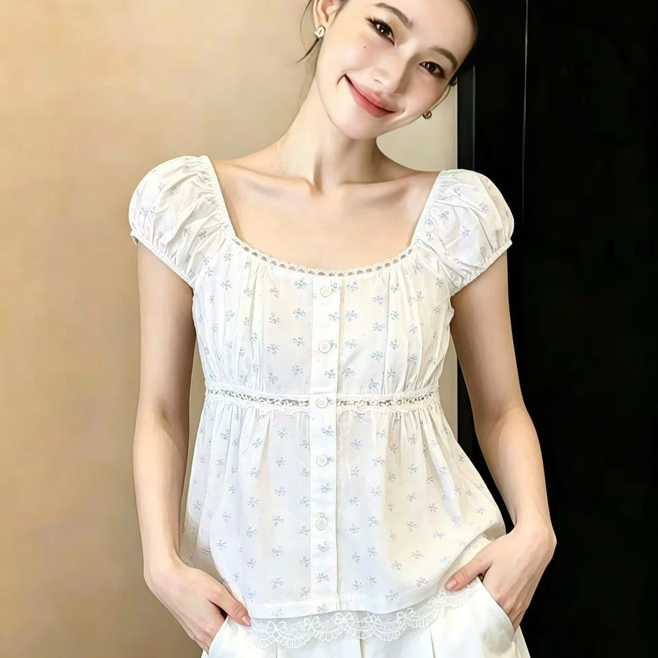 실사 한 부서 여름 프랑스식 품격 u 칼라 레이스 달콤함 꽃무늬 펌프 Pleat 거품 소매 맨위 chic 이미지 6