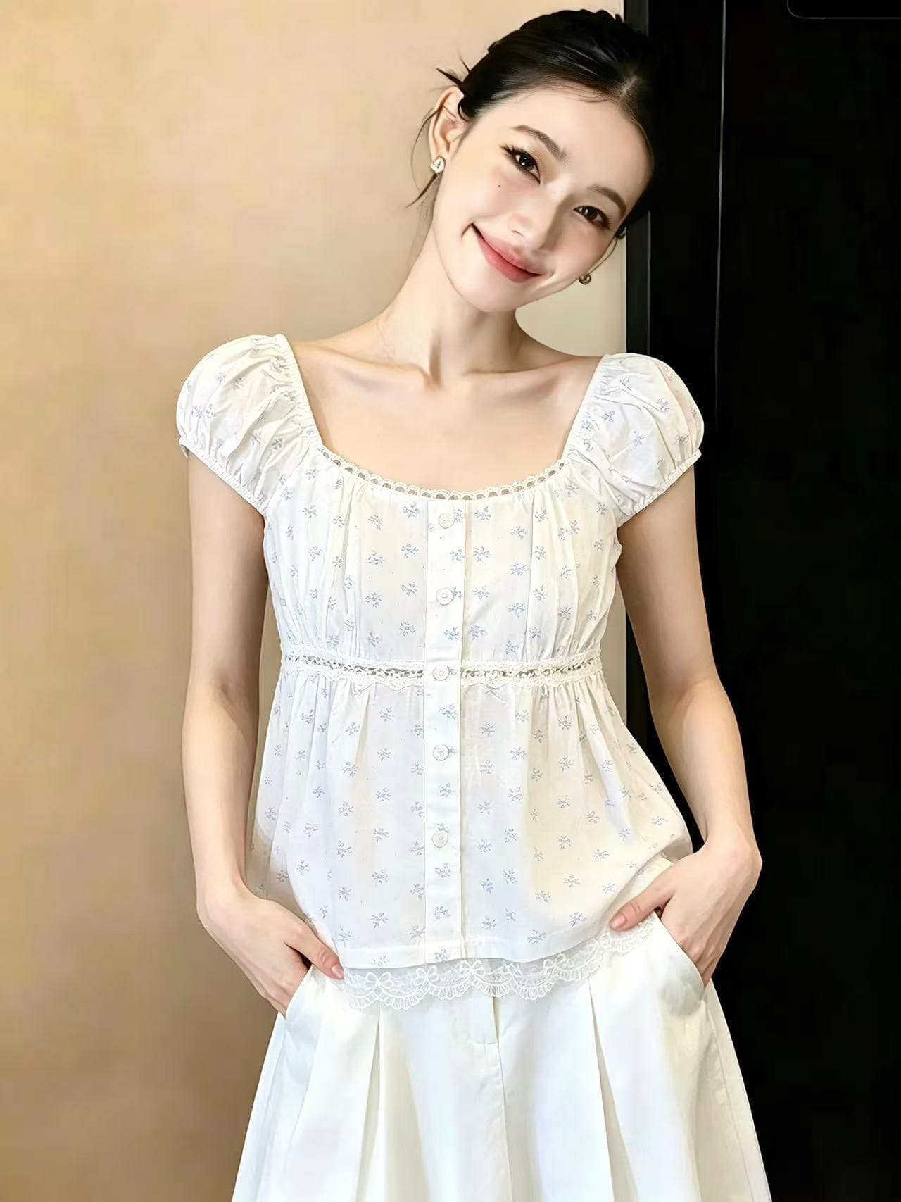 실사 한 부서 여름 프랑스식 품격 u 칼라 레이스 달콤함 꽃무늬 펌프 Pleat 거품 소매 맨위 chic 상세 이미지 6
