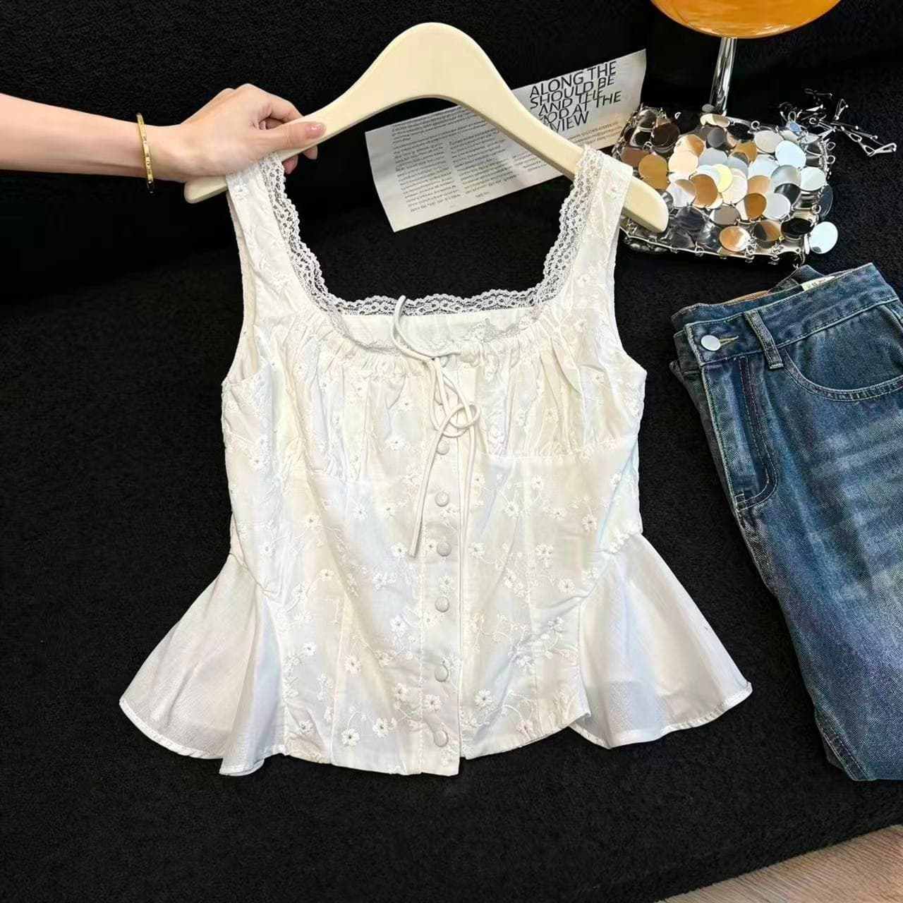 실사 프랑스식 광장 칼라 캐미솔 레이스 레이스 허리 수축 슬림해 보이는 인사이드 가져 가라. 품격 몸매 가꾸기 맨위 외출용 chic 상세 이미지 5