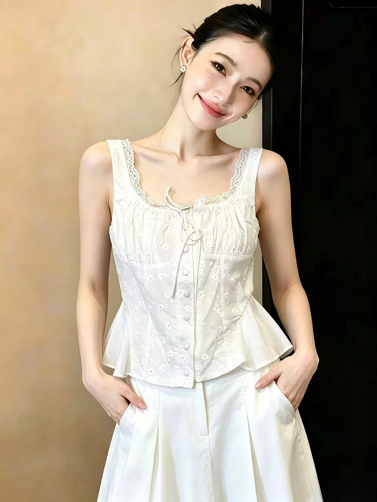 실사 프랑스식 광장 칼라 캐미솔 레이스 레이스 허리 수축 슬림해 보이는 인사이드 가져 가라. 품격 몸매 가꾸기 맨위 외출용 chic 상세 이미지 6