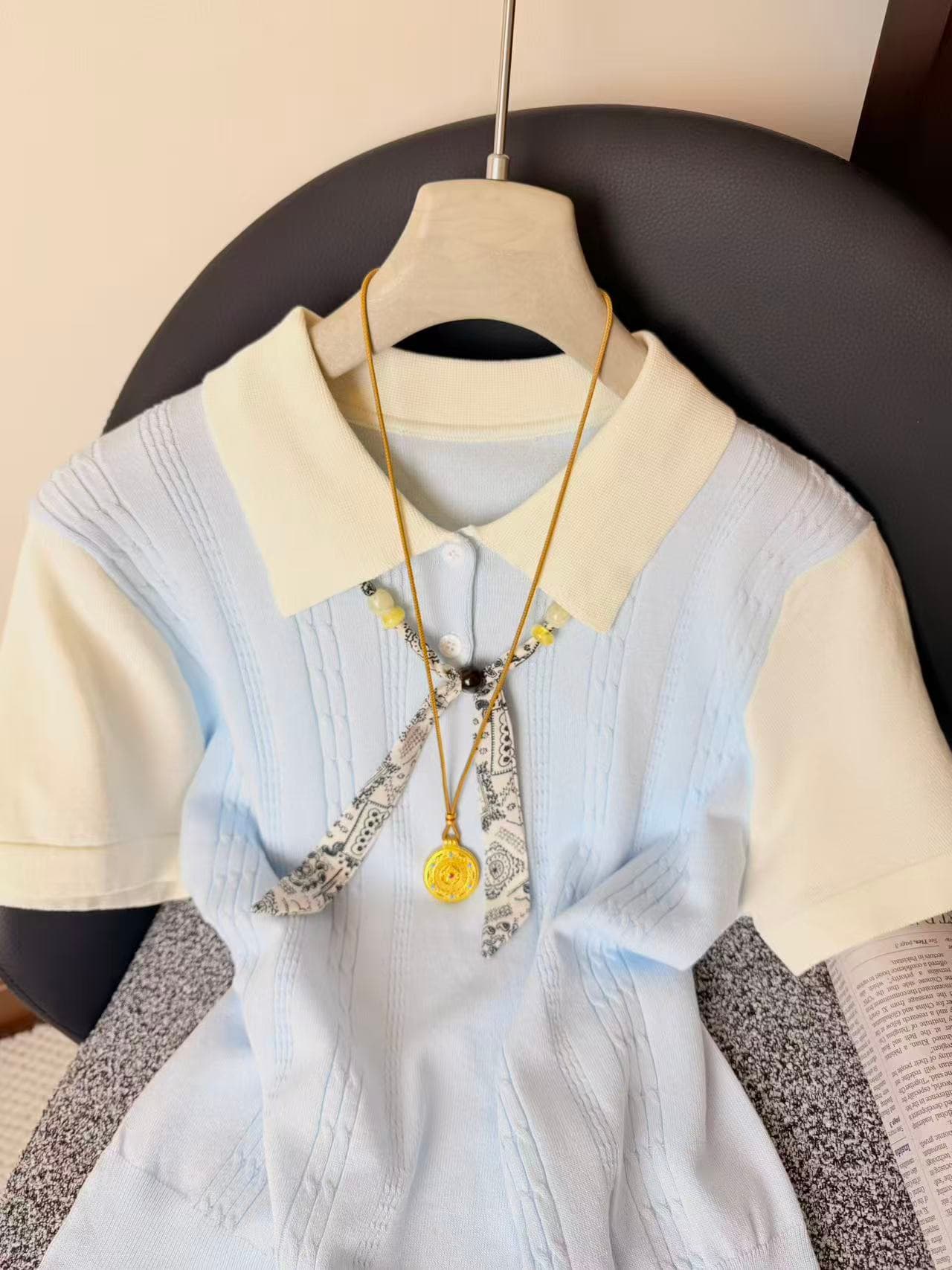 실사 자이언트 잘 생긴 ~ 중 차가운 센스 POLO 칼라 얼음 실크 니트 반팔 티셔츠 여성 한 부서 chic Chic 작은 셔츠 맨위 이미지 3