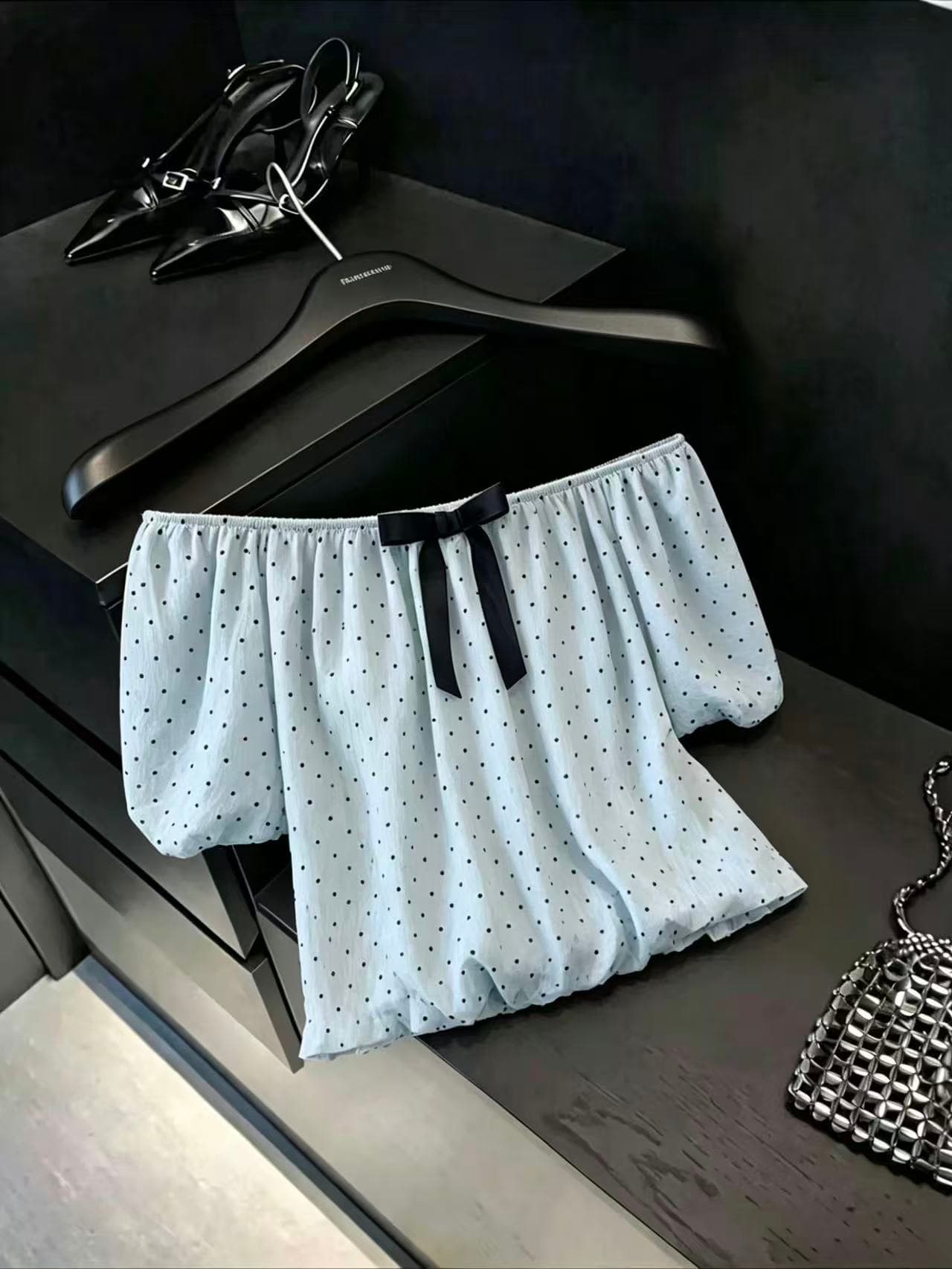 실사 한 부서 대 라운드 넥 도트 무늬 나비 매듭 여성 셔츠 거품 소매 맨위 달콤함 반팔 t chic 상세 이미지 4