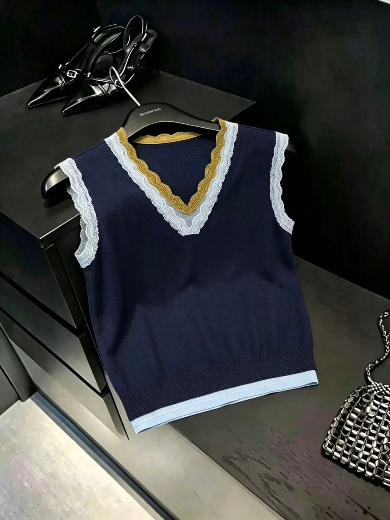 실사 배색 더블 레이스 와이드 어깨끈 조끼 여성 패션 반팔 여성 티셔츠 고급 사소한 chic 상세 이미지 4