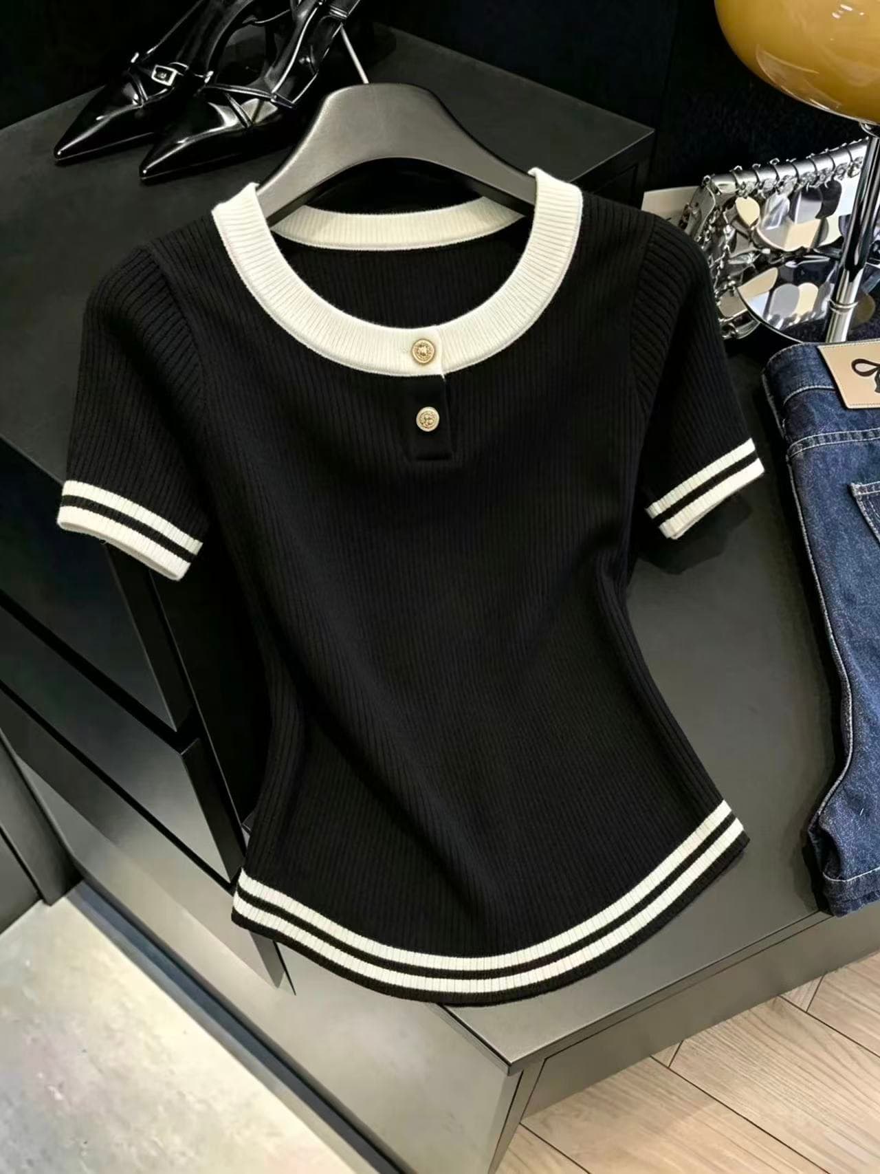 실사 니트 반팔 티셔츠 여성 Z아 어깨 Chic 배색 외국 가스 니트 티셔츠 쇼트 스타일 맨위 ins 이미지 2