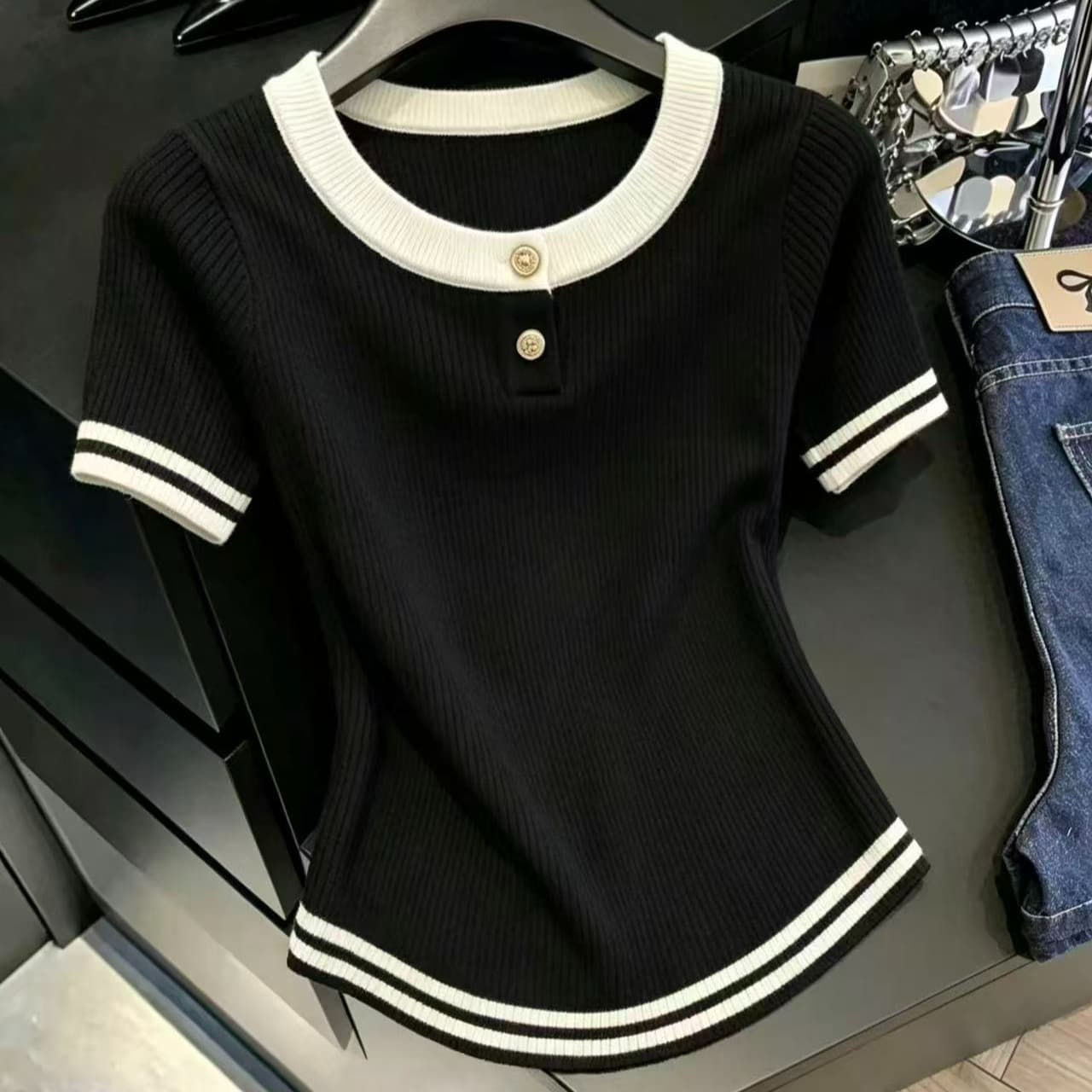 실사 니트 반팔 티셔츠 여성 Z아 어깨 Chic 배색 외국 가스 니트 티셔츠 쇼트 스타일 맨위 ins 이미지 6