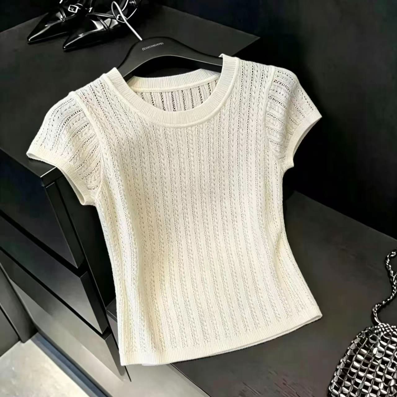 실사 살구 색상 얼음 실크 니트 반팔 티셔츠 여성 새로운 여름 얇은 스타일 프랑스식 Chic 홀로우 아웃 작은 날다 소매 맨위 이미지 6