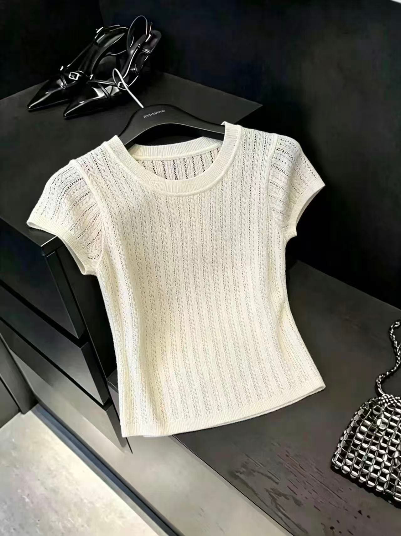 실사 살구 색상 얼음 실크 니트 반팔 티셔츠 여성 새로운 여름 얇은 스타일 프랑스식 Chic 홀로우 아웃 작은 날다 소매 맨위 상세 이미지 6