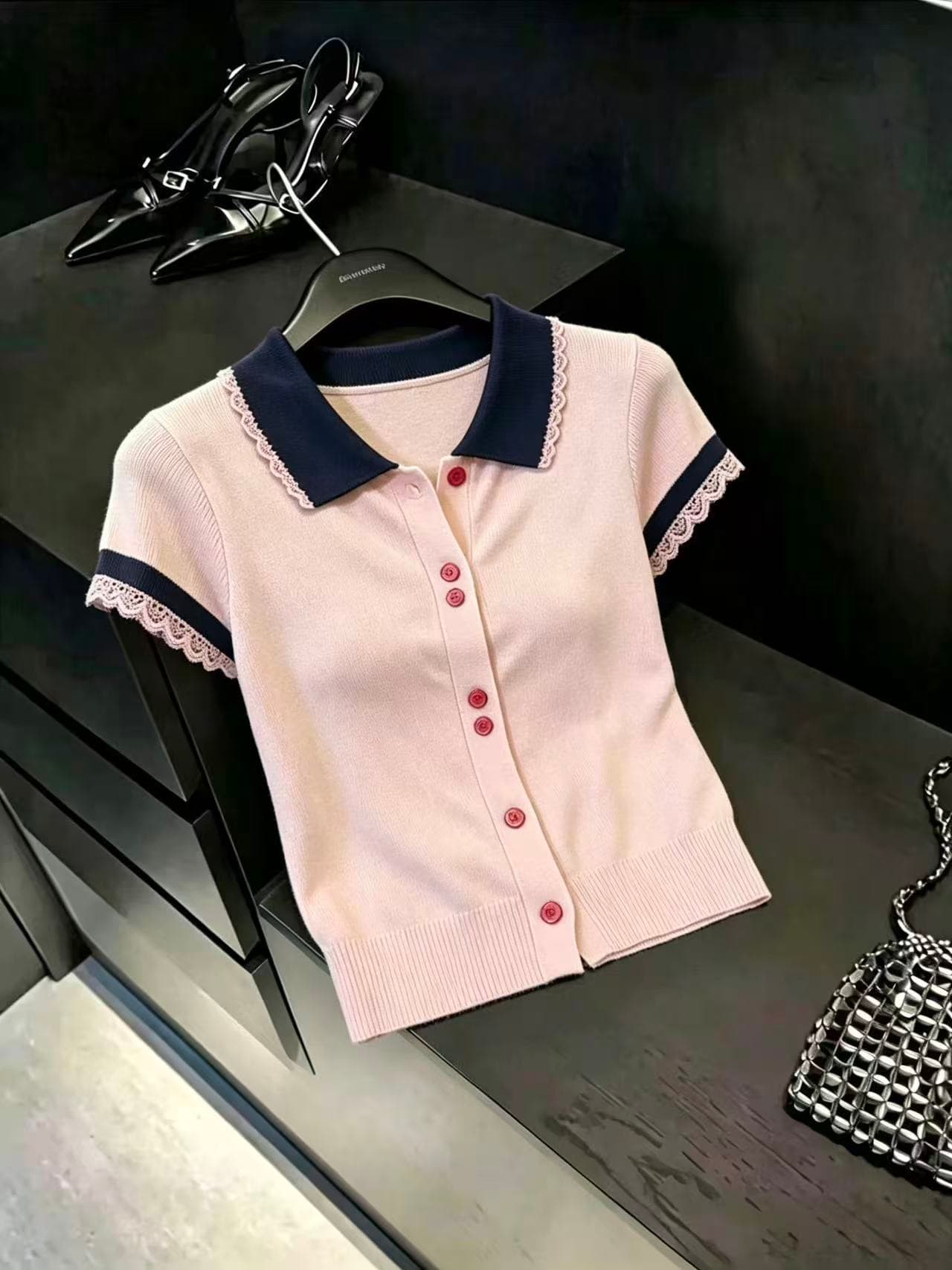 실사 파우더 블루 배색 레이스 측면 반팔 티셔츠 여성 새로운 여름 Chic 매우 요정 ~ 중 맨위 연령 감소 착용 가져 가라. 상세 이미지 3