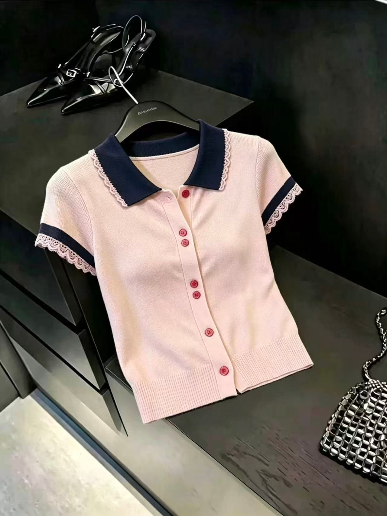 실사 파우더 블루 배색 레이스 측면 반팔 티셔츠 여성 새로운 여름 Chic 매우 요정 ~ 중 맨위 연령 감소 착용 가져 가라. 상세 이미지 6
