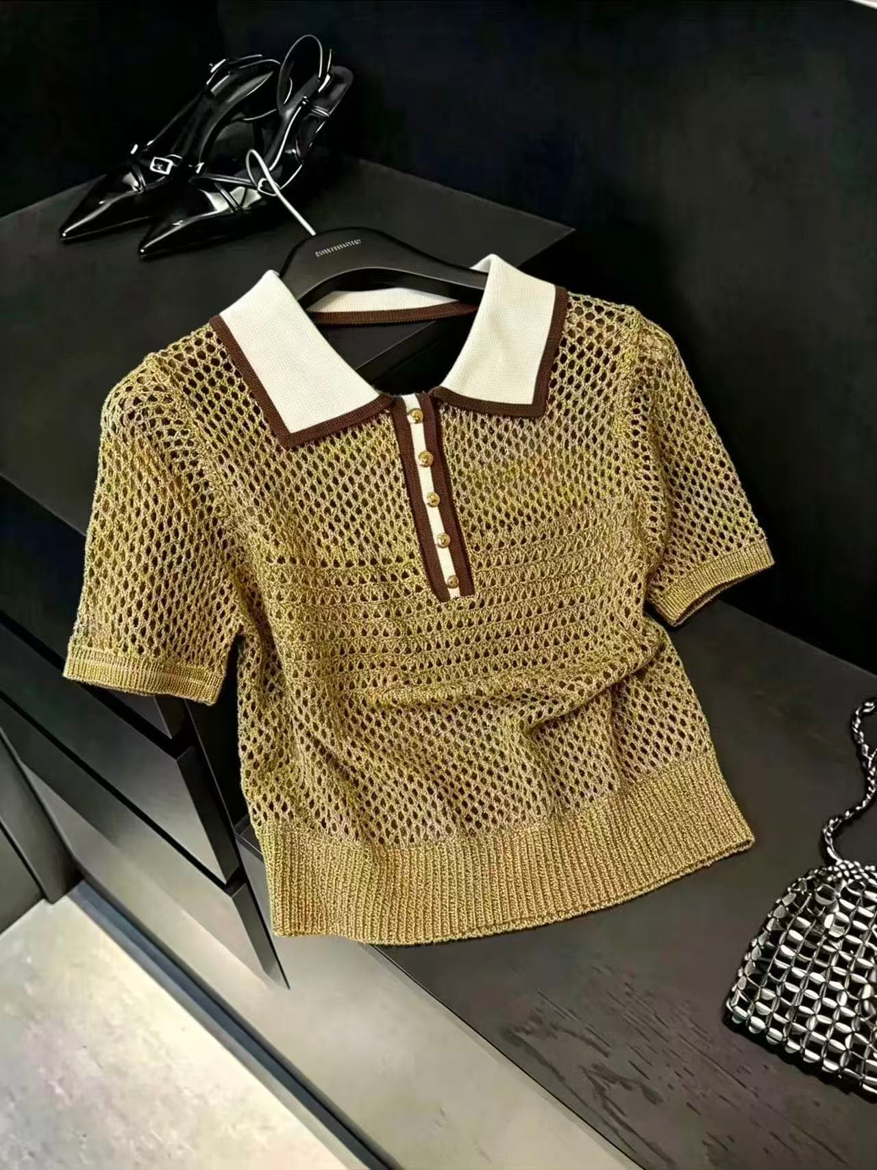 실사 오래된 돈 바람 레트로 배색 POLO 칼라 반팔 니트 스웨터 여성 여름 얇은 스타일 품격 몸매 가꾸기 홀로우 아웃 맨위 상세 이미지 6