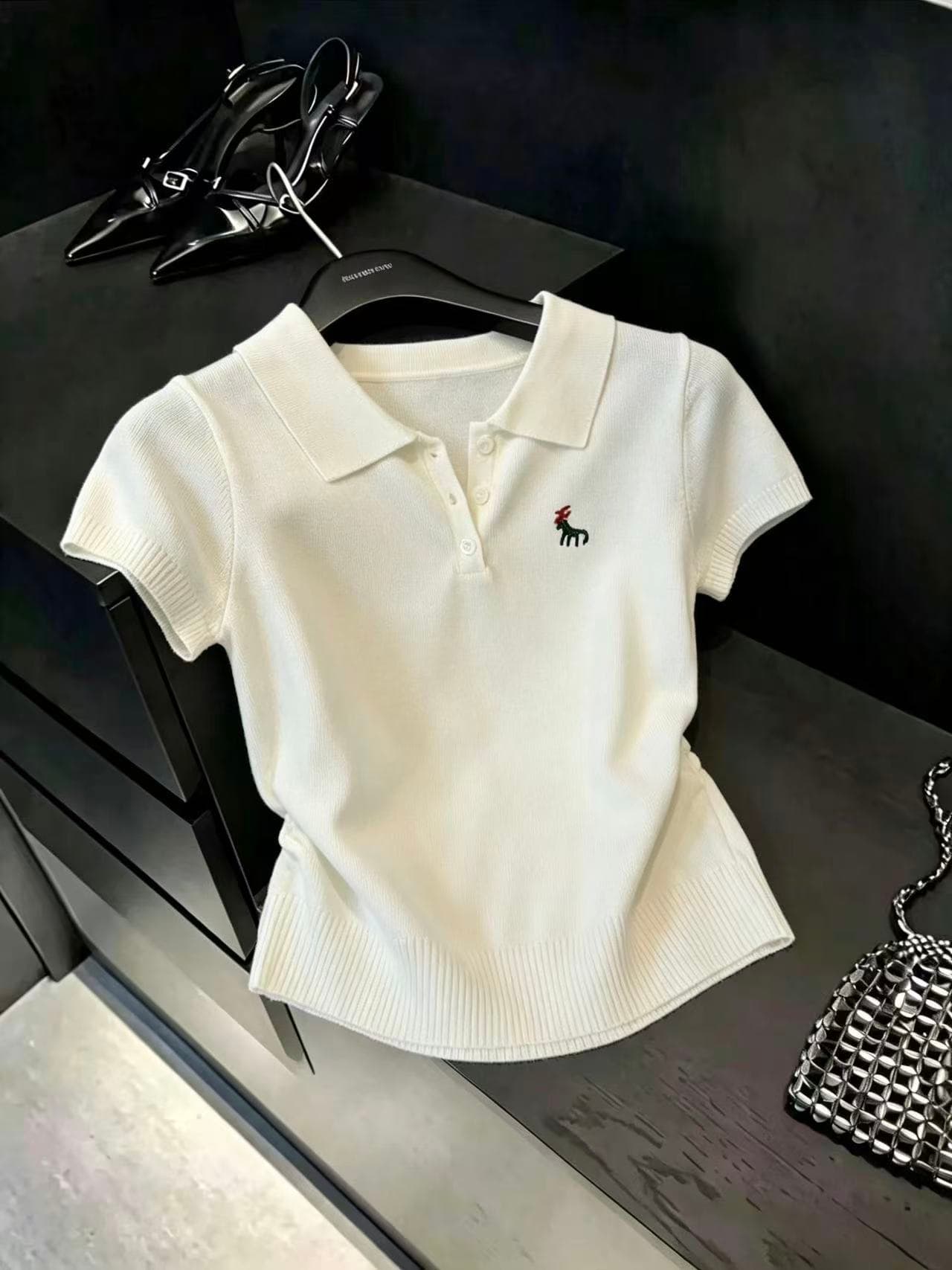 실사 한 부서 폴로 칼라 반팔 니트 스웨터 여성 연령 감소 POLO 칼라 티셔츠 얼음 차가운 실크 맨위 이미지 3