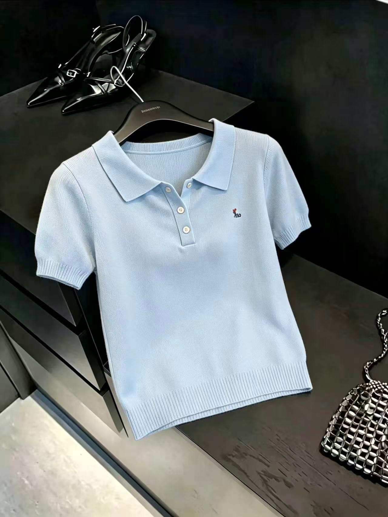 실사 학원 스타일 품격 POLO 칼라 파란색 반팔 티셔츠 여성 여름 새로운 핫걸 다용도 몸매 가꾸기 맨위 이미지 5