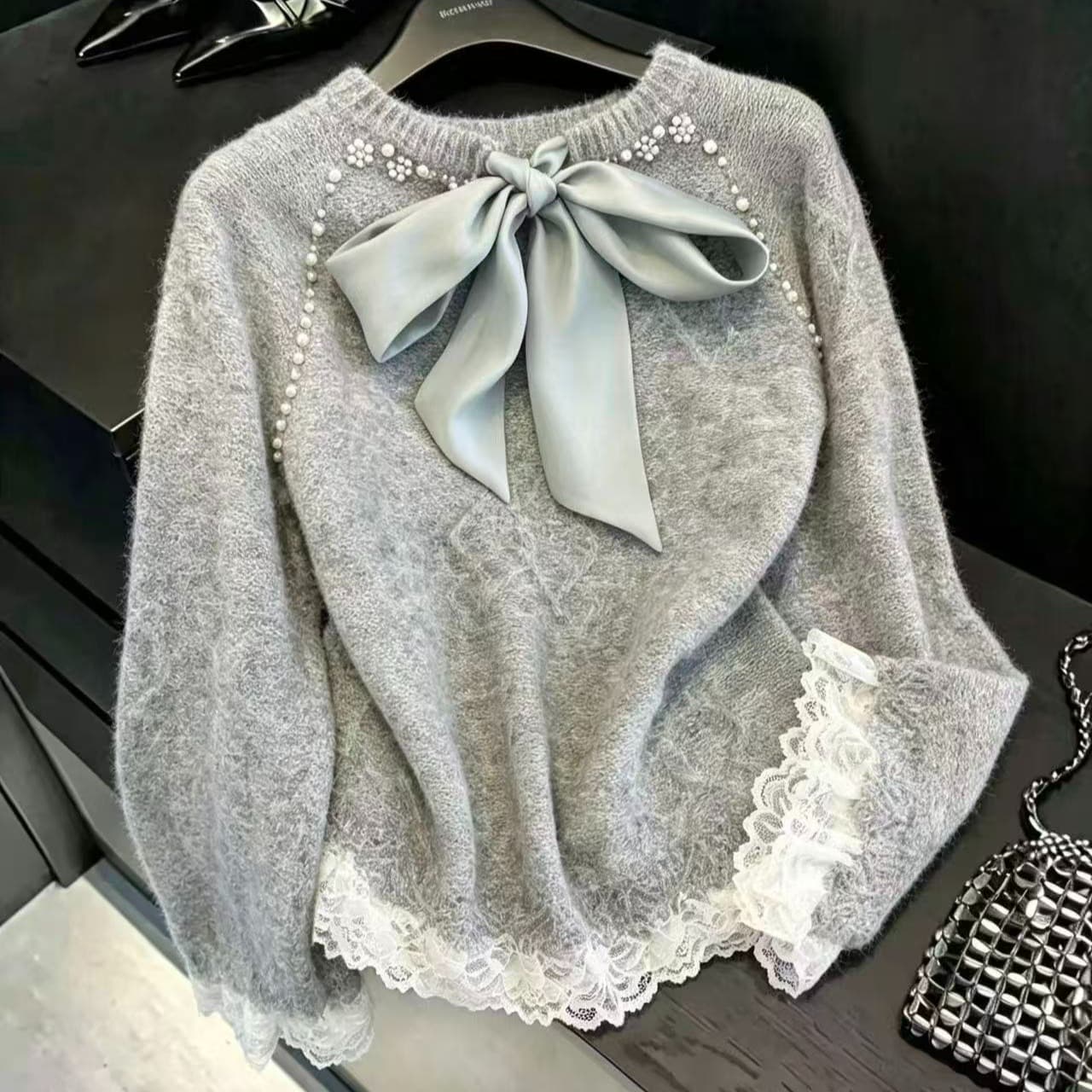 실사 보존 섹션 추천 패션 회색 나비 매듭 비즈 박기 스웨터 가을 새로운 고급 아름다운 부드러운 찹쌀 재킷 이미지 6