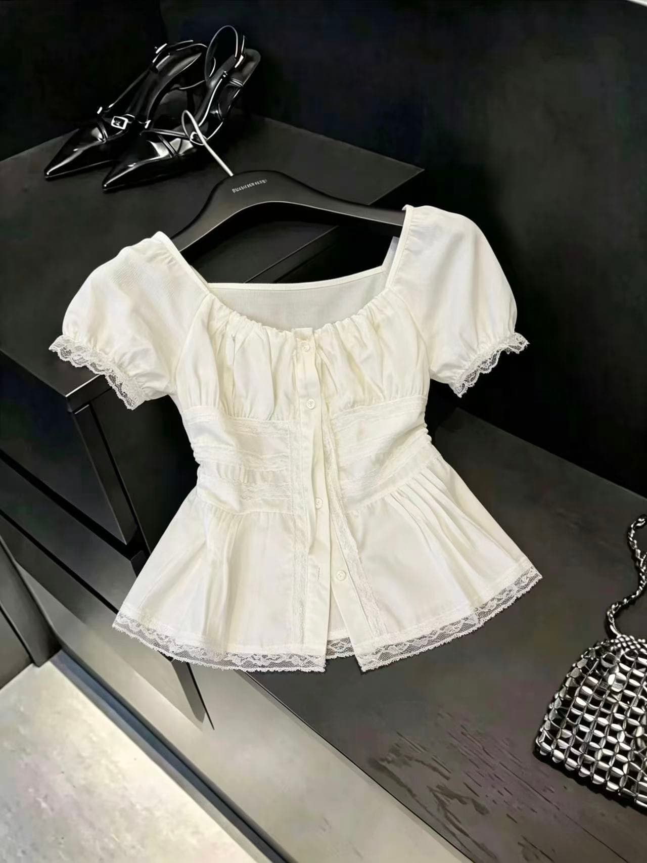 실사 한 부서 쉬폰 블라우스 반팔 여성 착용 가져 가라. 광장 칼라 거품 소매 티셔츠 몸매 가꾸기 슬림해 보이는 순수한 욕망 아름다운 맨위 ins 이미지 3