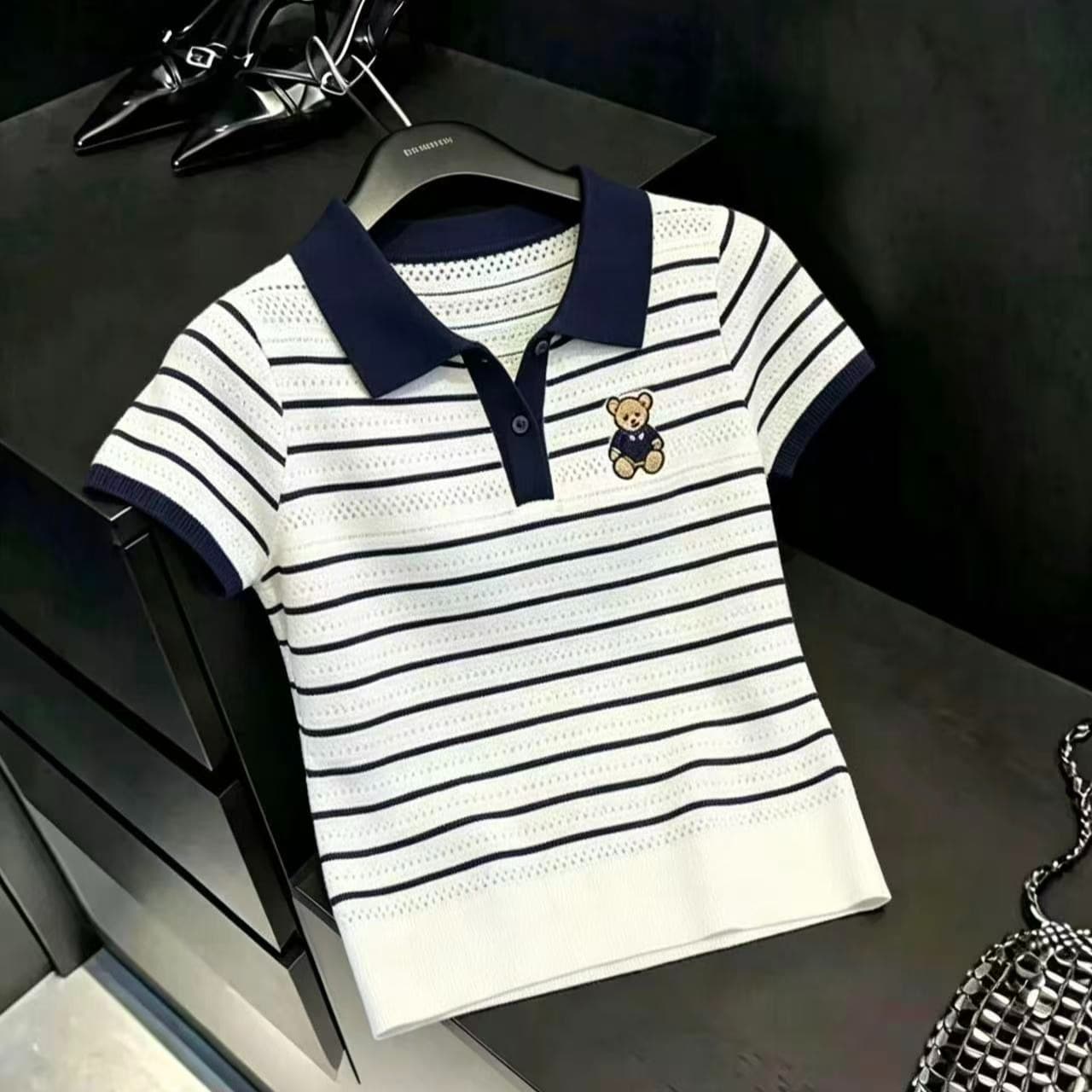 실사 스트라이프 작은 곰 polo 니트 스웨터 여성 여름 새로운 몸매 가꾸기 슬림해 보이는 통기성 반팔 맨위 ins 이미지 6