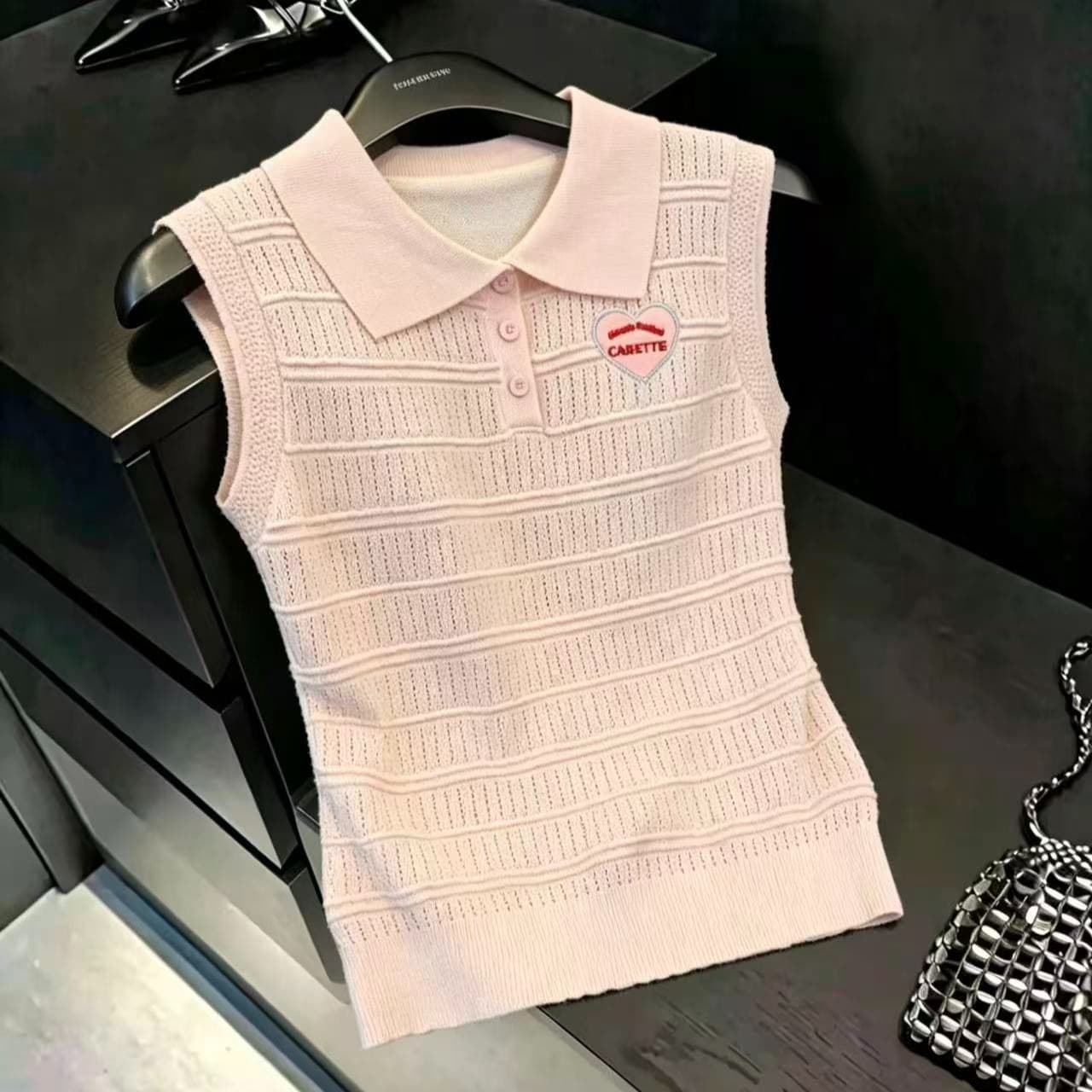 실사 보존 섹션 추천 학원 스타일 핑크색 POLO 칼라 민소매 니트 조끼 여성 여름 달콤함 얇은 스타일 맨위 이미지 6