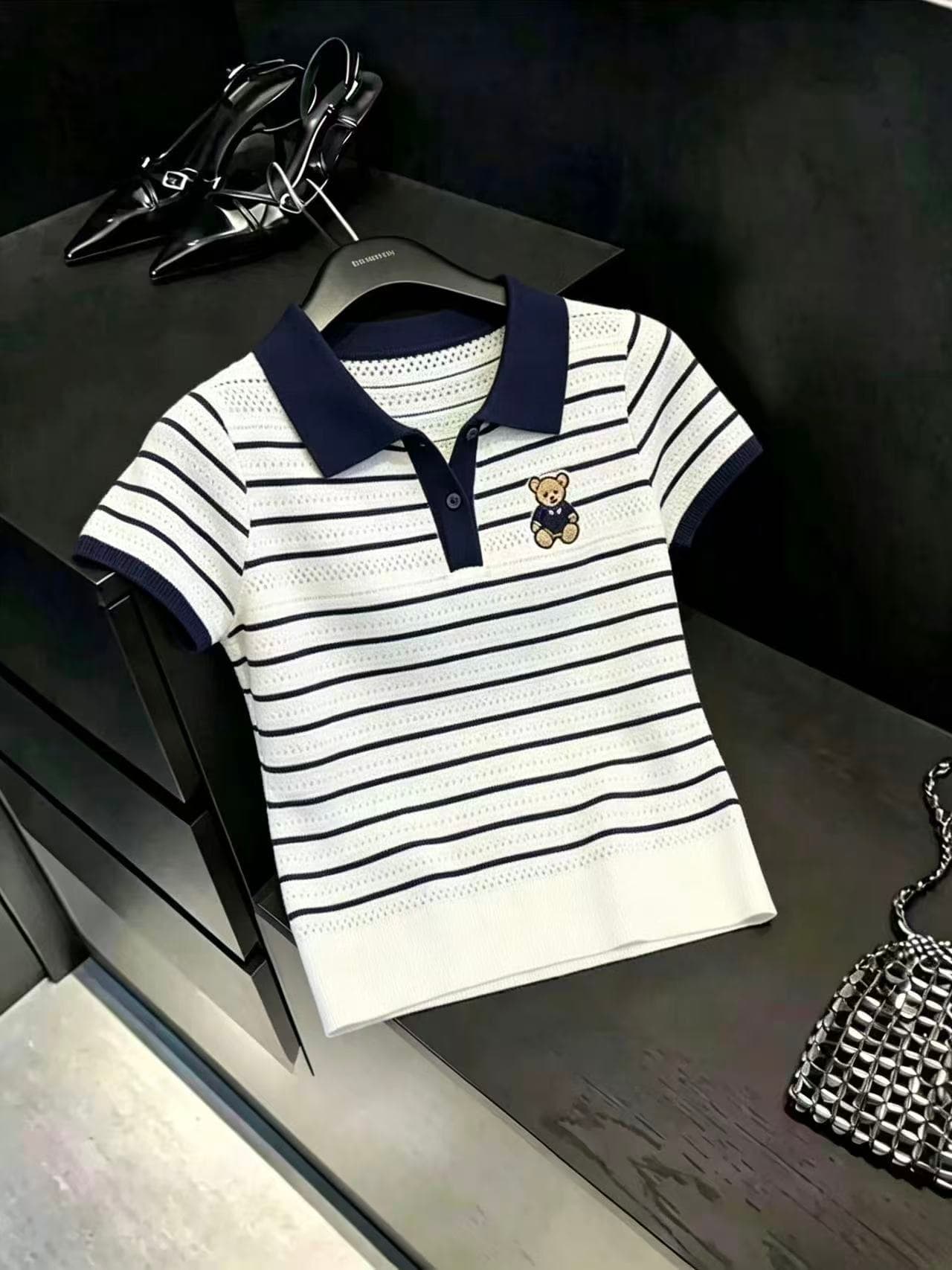 실사 스트라이프 작은 곰 polo 니트 스웨터 여성 여름 새로운 몸매 가꾸기 슬림해 보이는 통기성 반팔 맨위 ins 상세 이미지 6