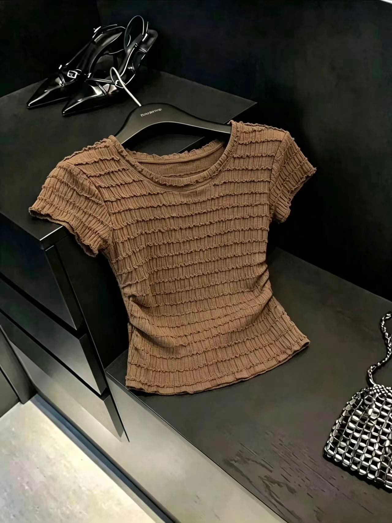 실사 한 부서 라운드 넥 프릴 주름 반팔 티셔츠 여성 여름 새로운 몸매 가꾸기 슬림해 보이는 외국 가스 연령 감소 맨위 상세 이미지 4