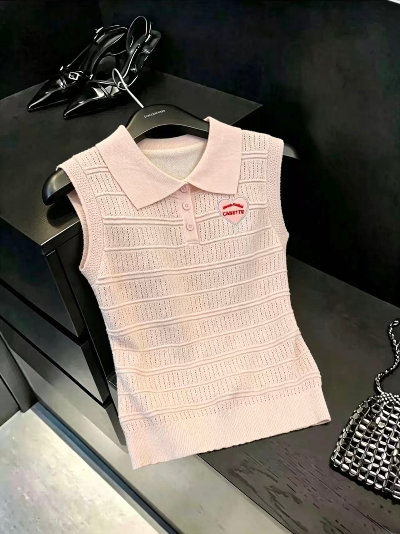 실사 보존 섹션 추천 학원 스타일 핑크색 POLO 칼라 민소매 니트 조끼 여성 여름 달콤함 얇은 스타일 맨위 상세 이미지 2