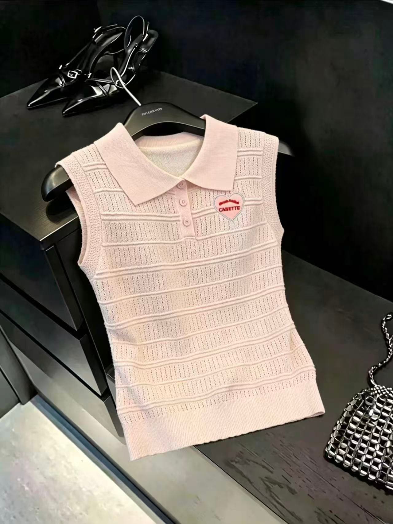 실사 보존 섹션 추천 학원 스타일 핑크색 POLO 칼라 민소매 니트 조끼 여성 여름 달콤함 얇은 스타일 맨위 상세 이미지 5