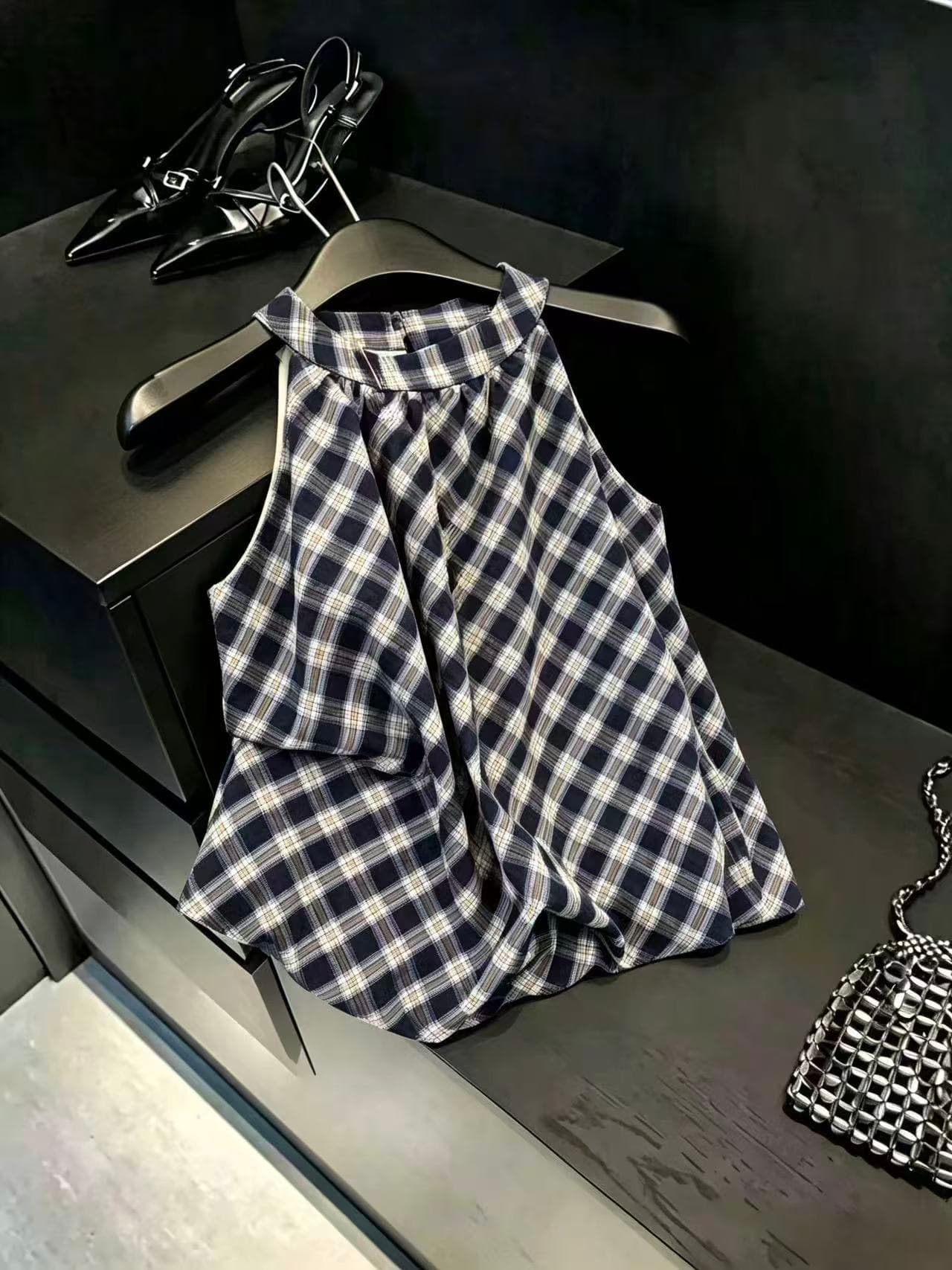 실사 한국 스타일 패션 체크무늬 배색 라운드 넥 행침 목 퍼프 꽃밭 밑단 표지 고기 작은 키 맨위 ins 이미지 2