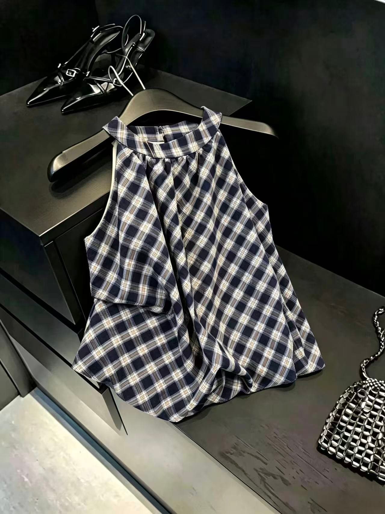 실사 한국 스타일 패션 체크무늬 배색 라운드 넥 행침 목 퍼프 꽃밭 밑단 표지 고기 작은 키 맨위 ins 상세 이미지 3