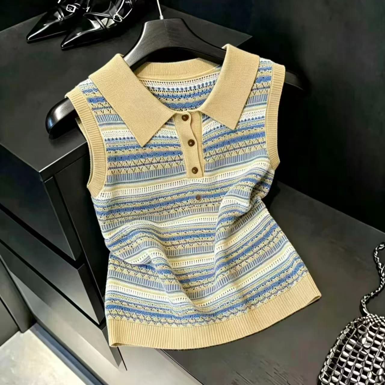 실사 한 부서 레트로 POLO 칼라 스트라이프 니트 조끼 여성 핫걸 외출용 고유 한 Chic 민소매 작은 셔츠 맨위 이미지 6