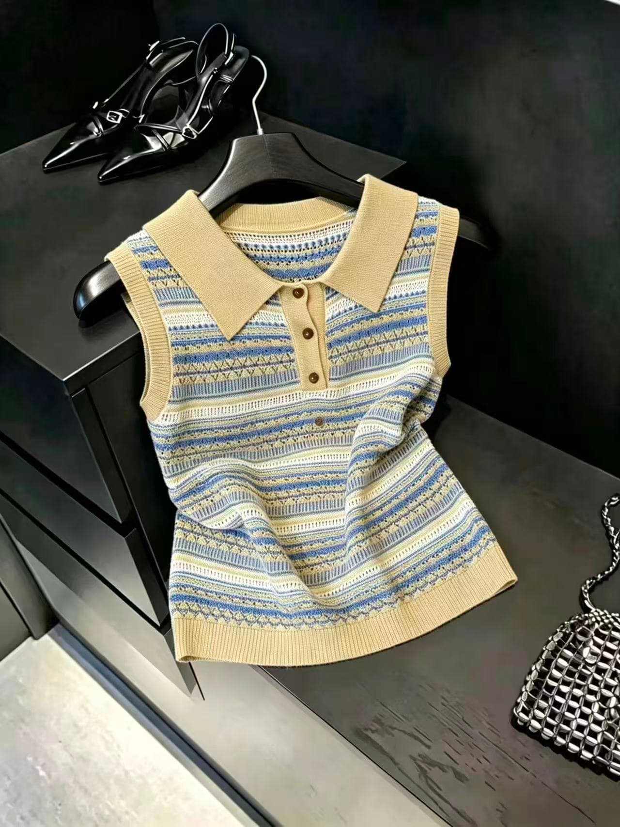 실사 한 부서 레트로 POLO 칼라 스트라이프 니트 조끼 여성 핫걸 외출용 고유 한 Chic 민소매 작은 셔츠 맨위 상세 이미지 5