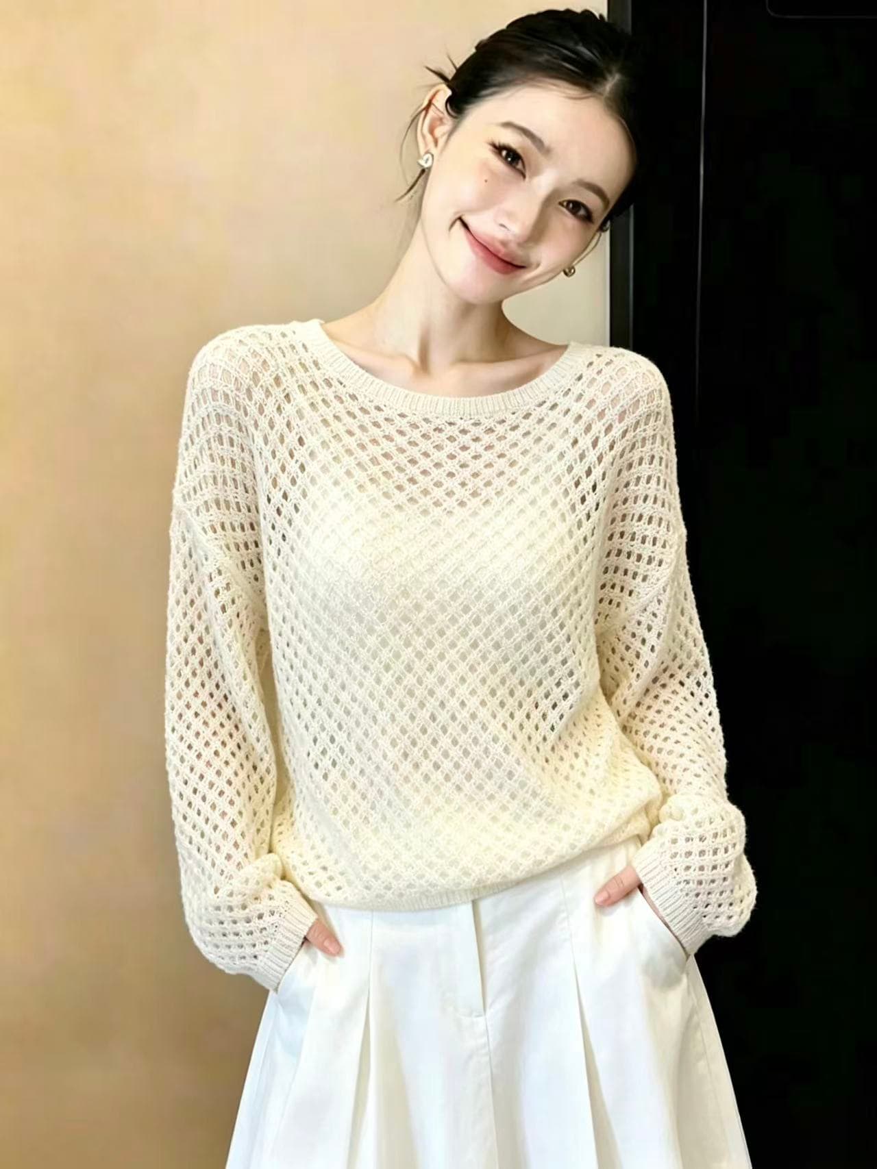 실사 고급 센스 홀로우 아웃 스웨터 여자 가을 새로운 한국 스타일 루즈핏 사실 투피스 세트 캐주얼 품격 연령 감소 니트 스웨터 이미지 5