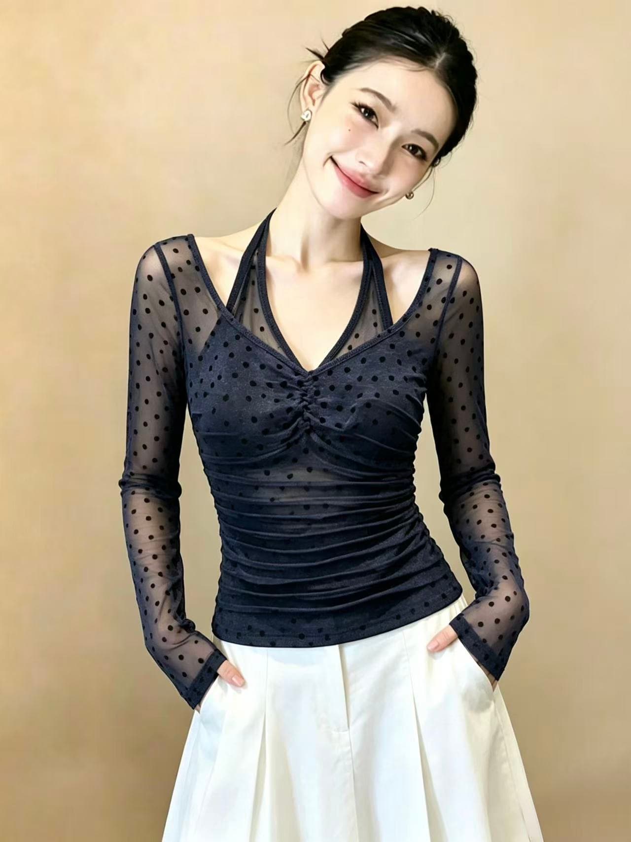 실사 특별 조정 식물 플러시 작은 하트 몸매 가꾸기 V넥 긴팔 티셔츠 캐주얼 여성 가을 풀오버 가짜 2 피스 슈트 ins 이미지 5