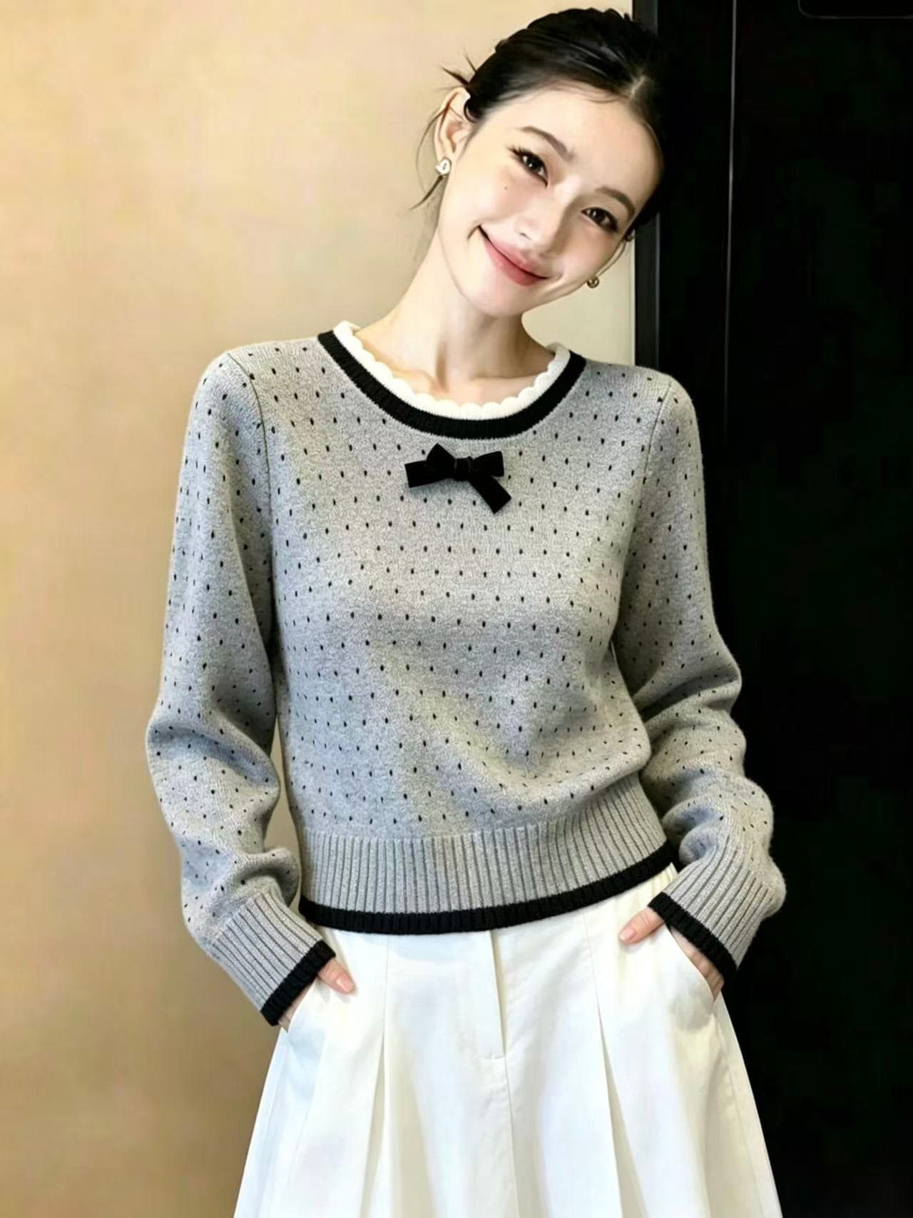 실사 도트 무늬 양모 레이스 나비 매듭 스웨터 가을 겨울철 새로운 느긋한 디자인 센스 다용도 풀오버 맨위 이미지 5