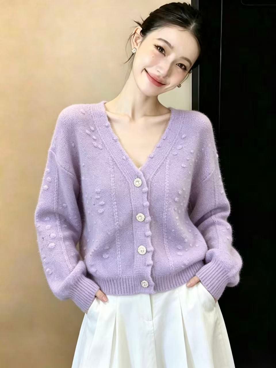 실사 향기로운 芋 보라색 V넥 니트 오픈 가디건 여성 셔츠 가을 한국 스타일 부드러운 바람 레트로 자수 스웨터 코트 상세 이미지 3