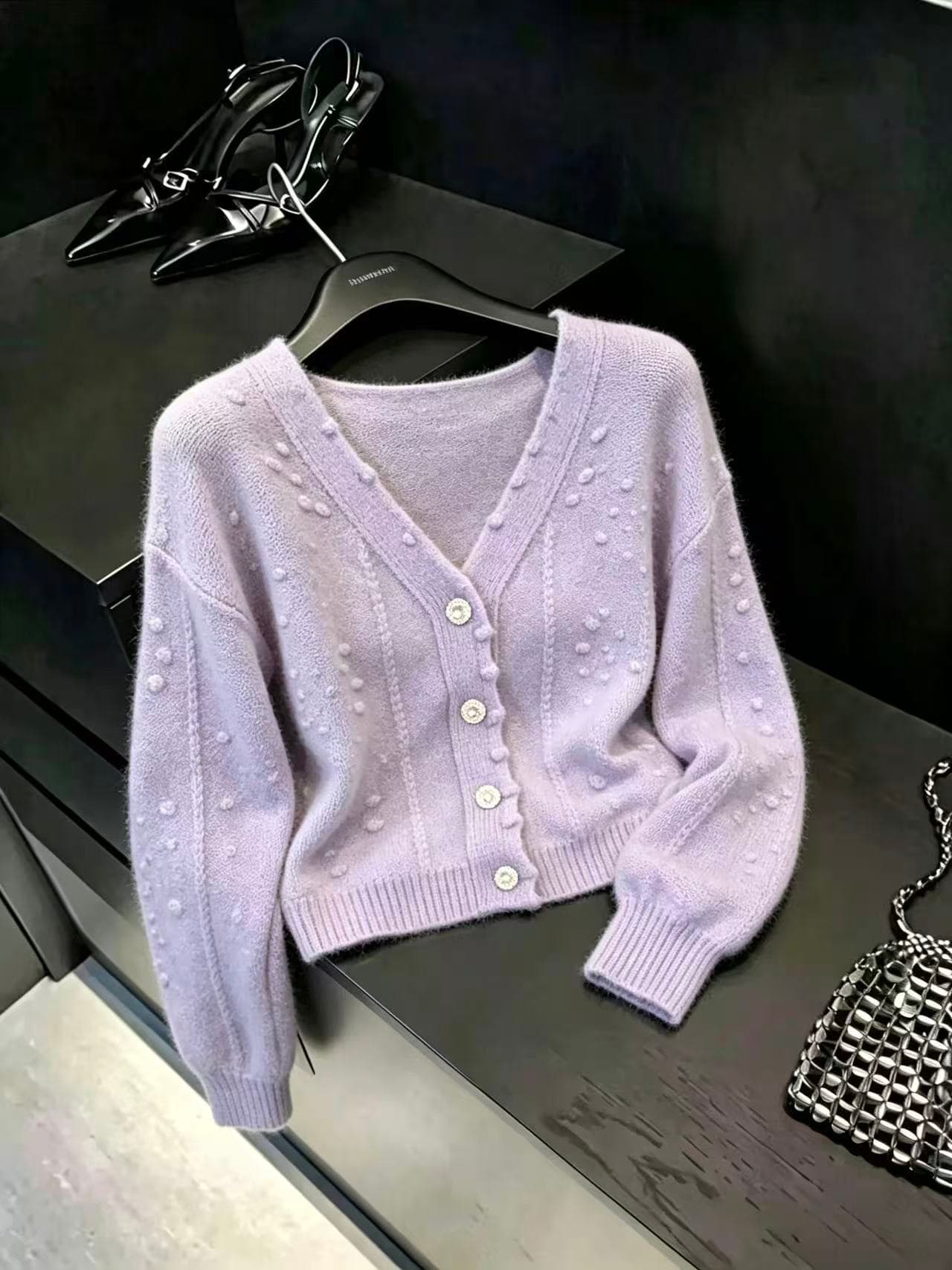 실사 향기로운 芋 보라색 V넥 니트 오픈 가디건 여성 셔츠 가을 한국 스타일 부드러운 바람 레트로 자수 스웨터 코트 상세 이미지 6