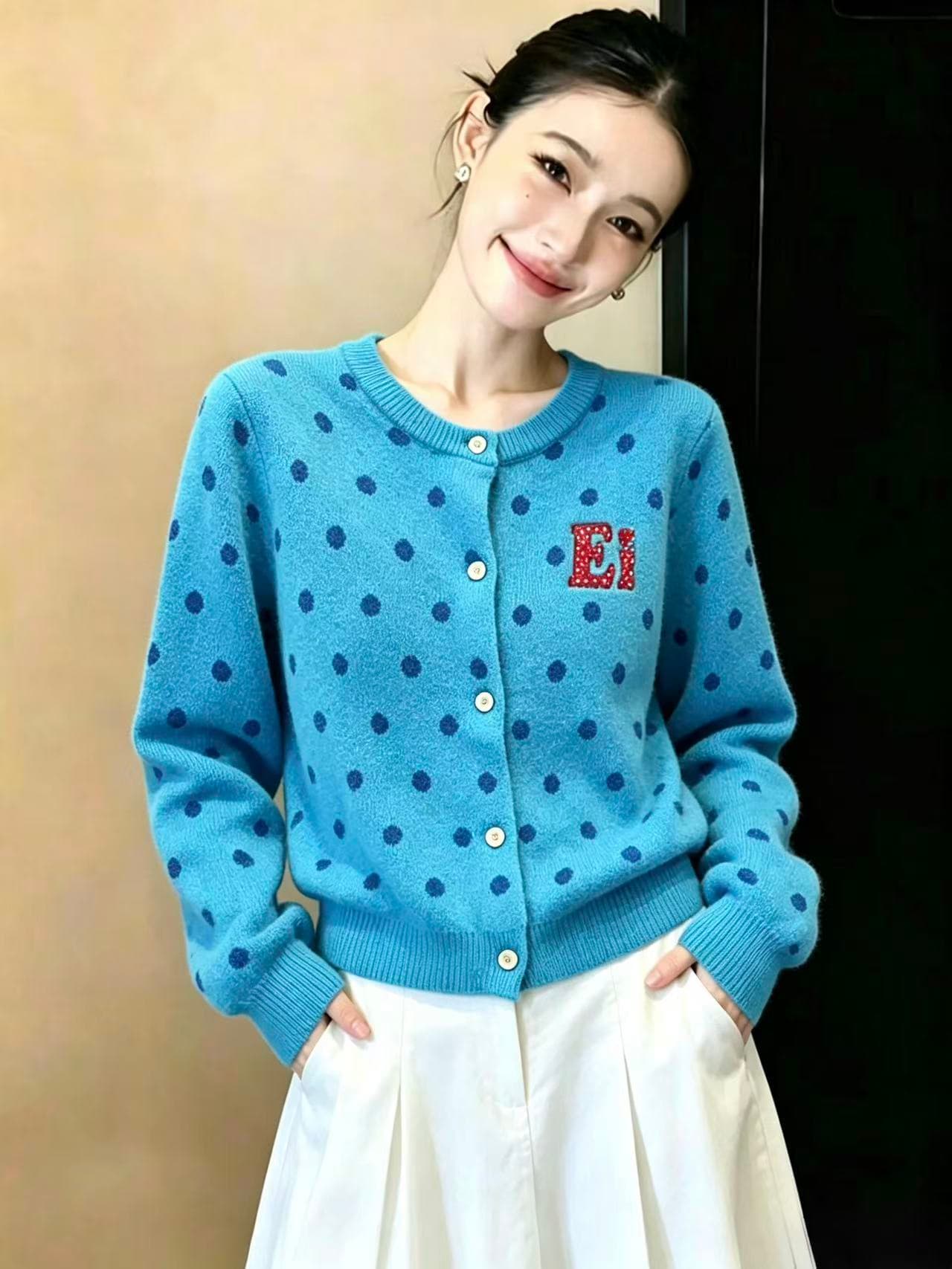 실사 아메리칸 레트로 도트 무늬 오픈 가디건 파란색 스웨터 여성 코트 가을 새로운 느긋한 바람 니트 스웨터 맨위 ins 상세 이미지 3