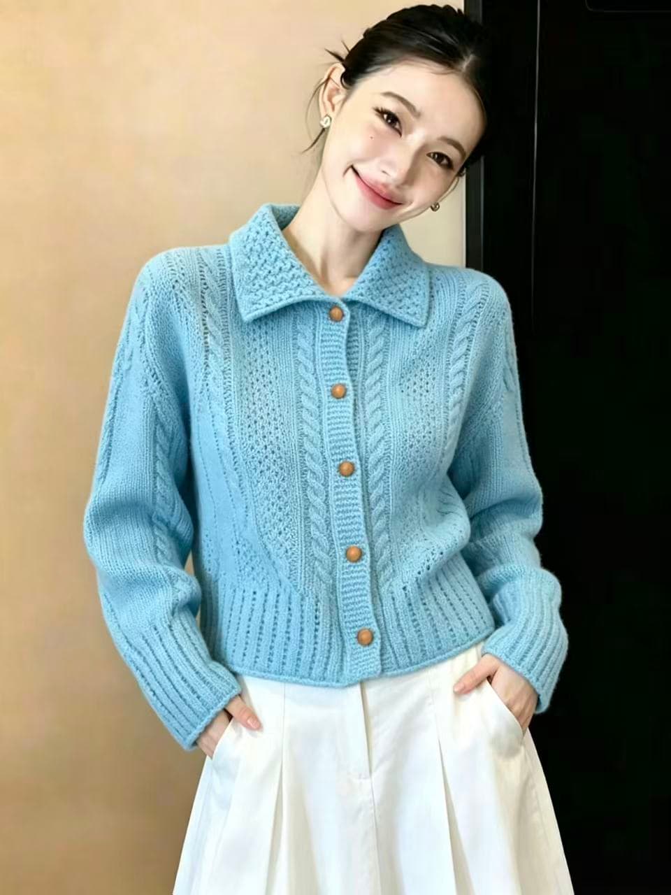 실사 한 부서 품격 디스플레이 화이트 파란색 폴로 칼라 꽈배기 니트 오픈 가디건 스웨터 여자 느긋한 맨위 chic 이미지 3