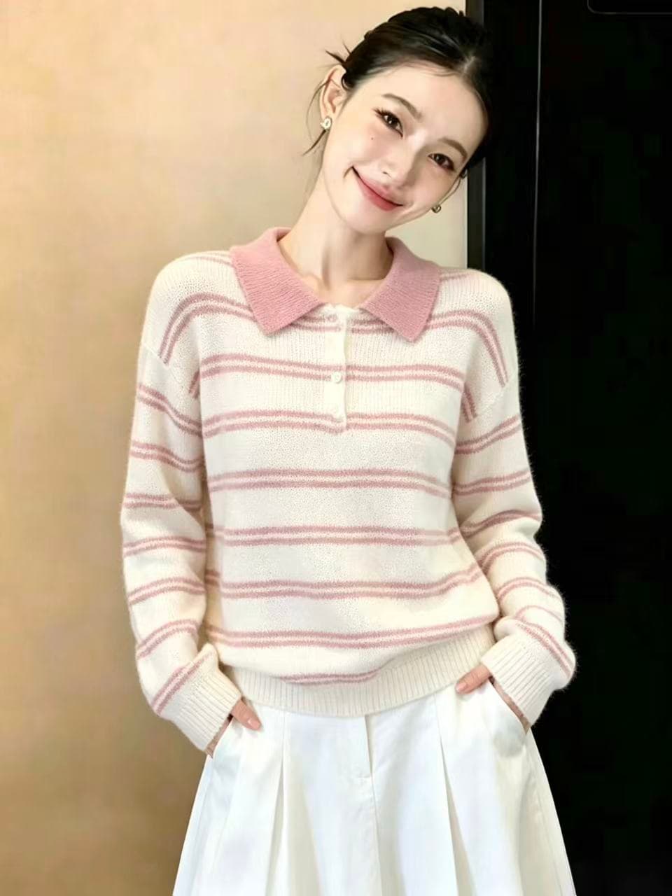 실사 한 부서 핑크색 스트라이프 POLO 칼라 니트 스웨터 여성 가을 겨울철 새로운 루즈핏 인사이드 가져 가라. 스웨터 맨위 상세 이미지 3