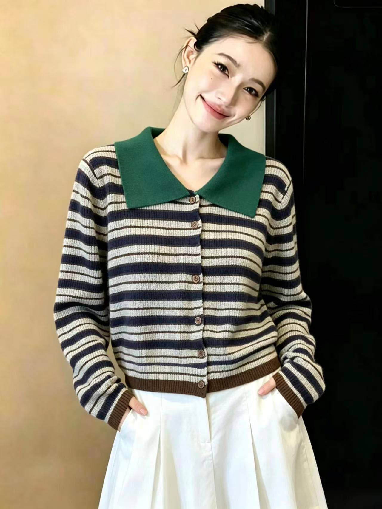 실사 한 부서 천년기 바람 배색 스트라이프 니트 스웨터 여성 가을 새로운 디자인 센스 맨위 ins 이미지 3