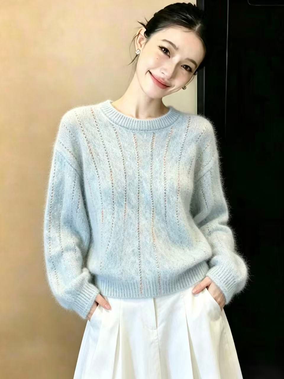 실사 느긋한 바람 라운드 넥 보온 니트 스웨터 여성 한 부서 부드러운 분위기 센스 착용 가져 가라. 파란색 루즈핏 스웨터 맨위 이미지 3