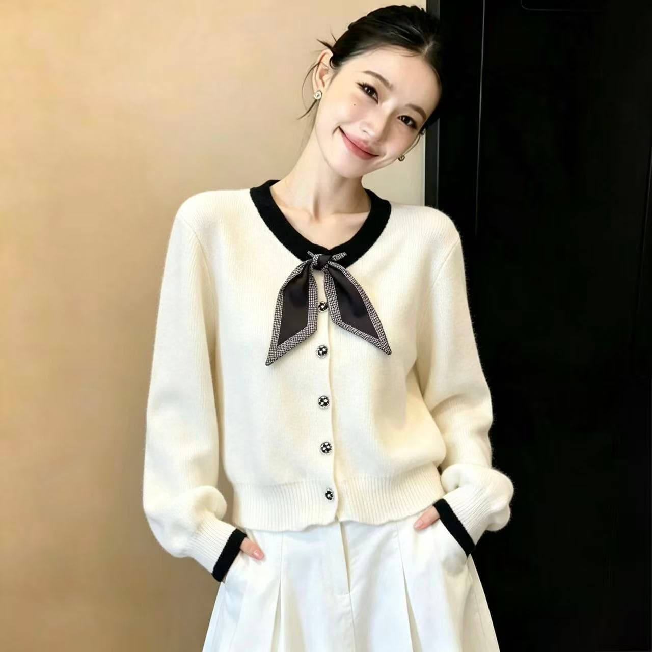 실사 보존 섹션 추천 작은 샤넬 스타일 라운드 넥 리본 니트 오픈 가디건 여성 가을 겨울 부드러운 다용도 연령 감소 맨위 상세 이미지 5