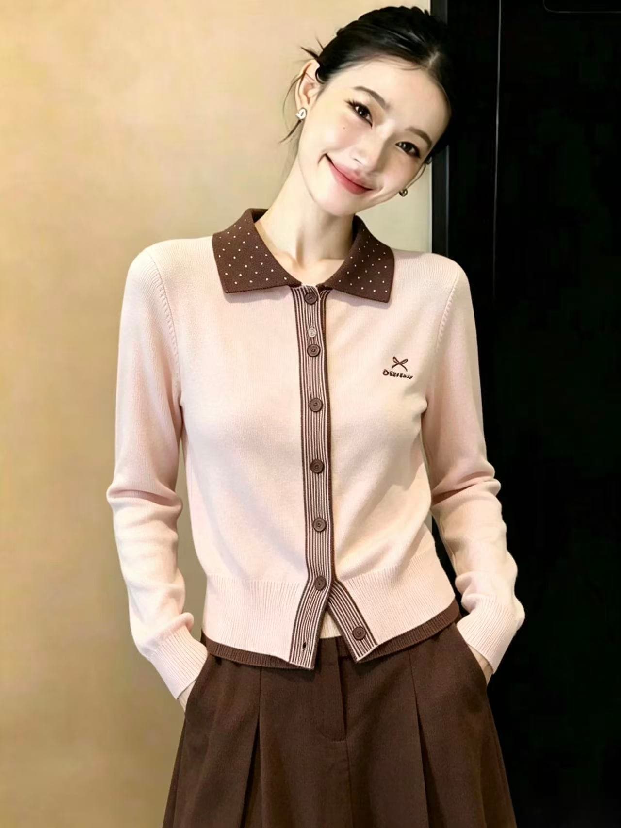 실사 레트로 배색 오픈 가디건 스웨터 여자 가을 겨울 학원 스타일 슬림해 보이는 쇼트 스타일 폴로 칼라 니트 스웨터 ins 상세 이미지 5