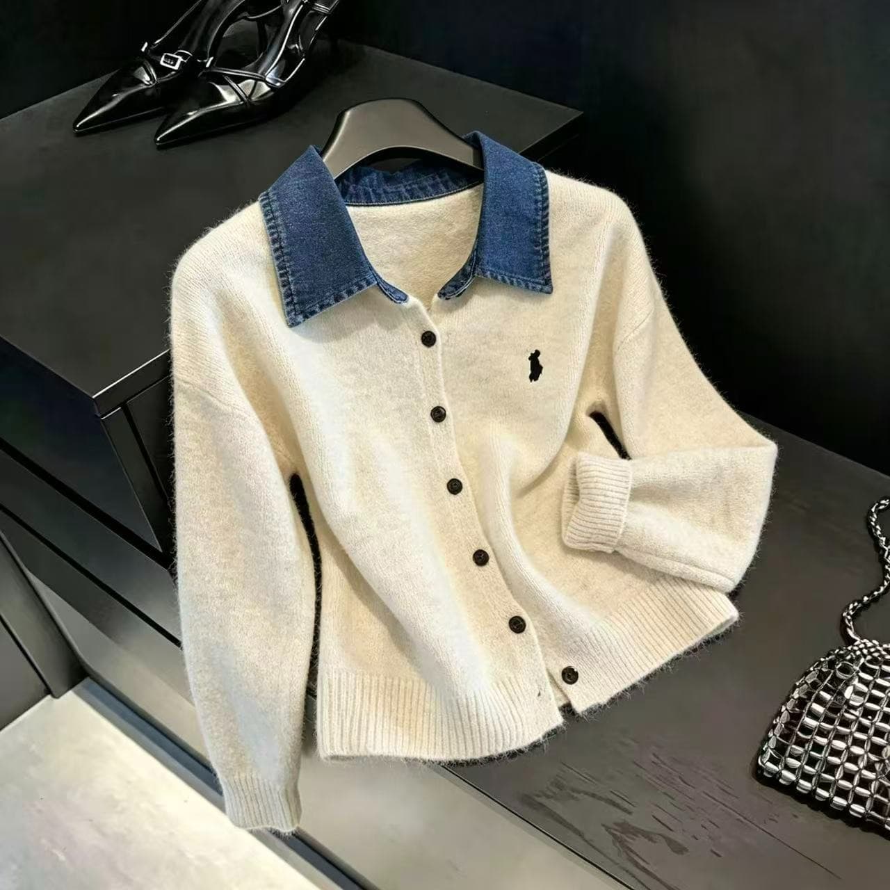 실사 데님 셔츠 칼라 패치워크 페이크 레이어드 스웨터 가을 2026 새로운 한 부서 chic 고급 센스 니트 재킷 이미지 6