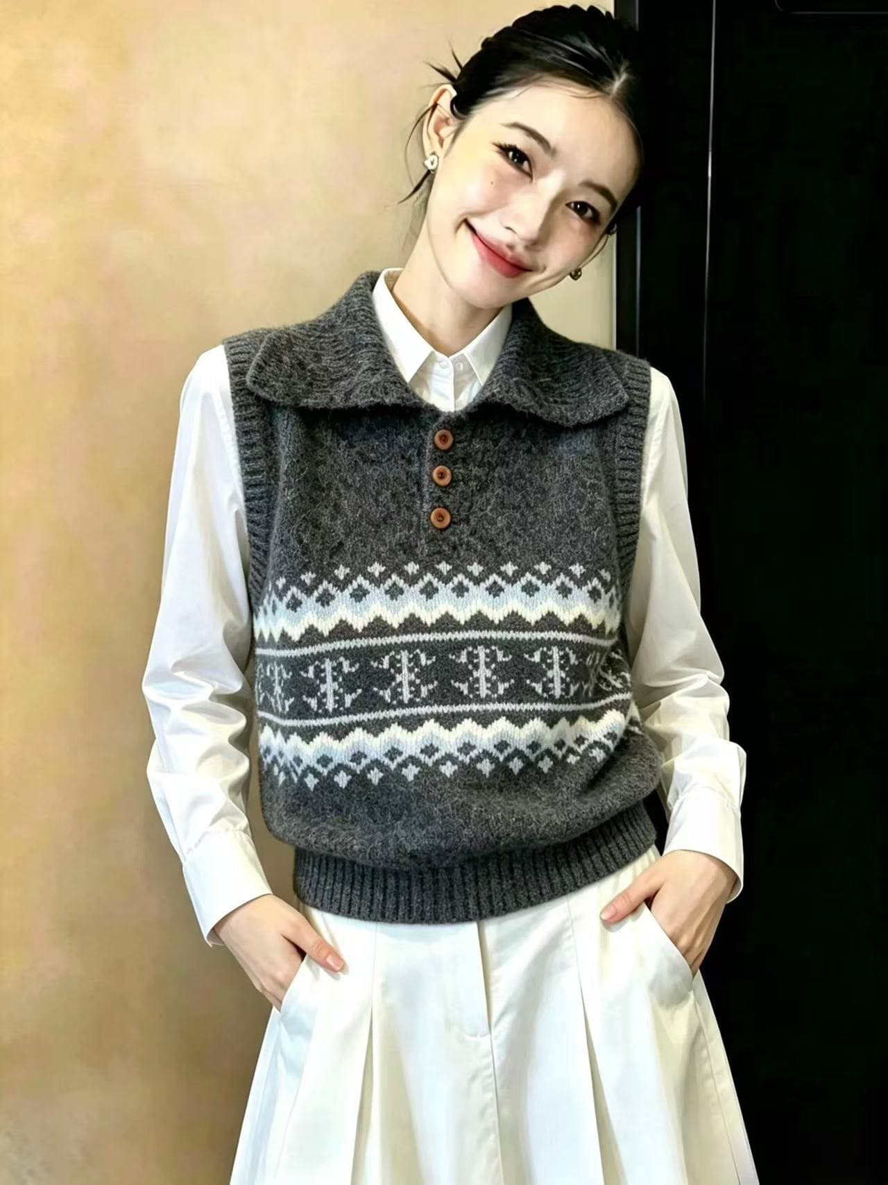 실사 공정한 섬 polo 폴로 칼라 부드러운 찹쌀 스웨터 여자 루즈핏 느긋한 출퇴근 가을 겨울 베스트 니트 스웨터 맨위 상세 이미지 3