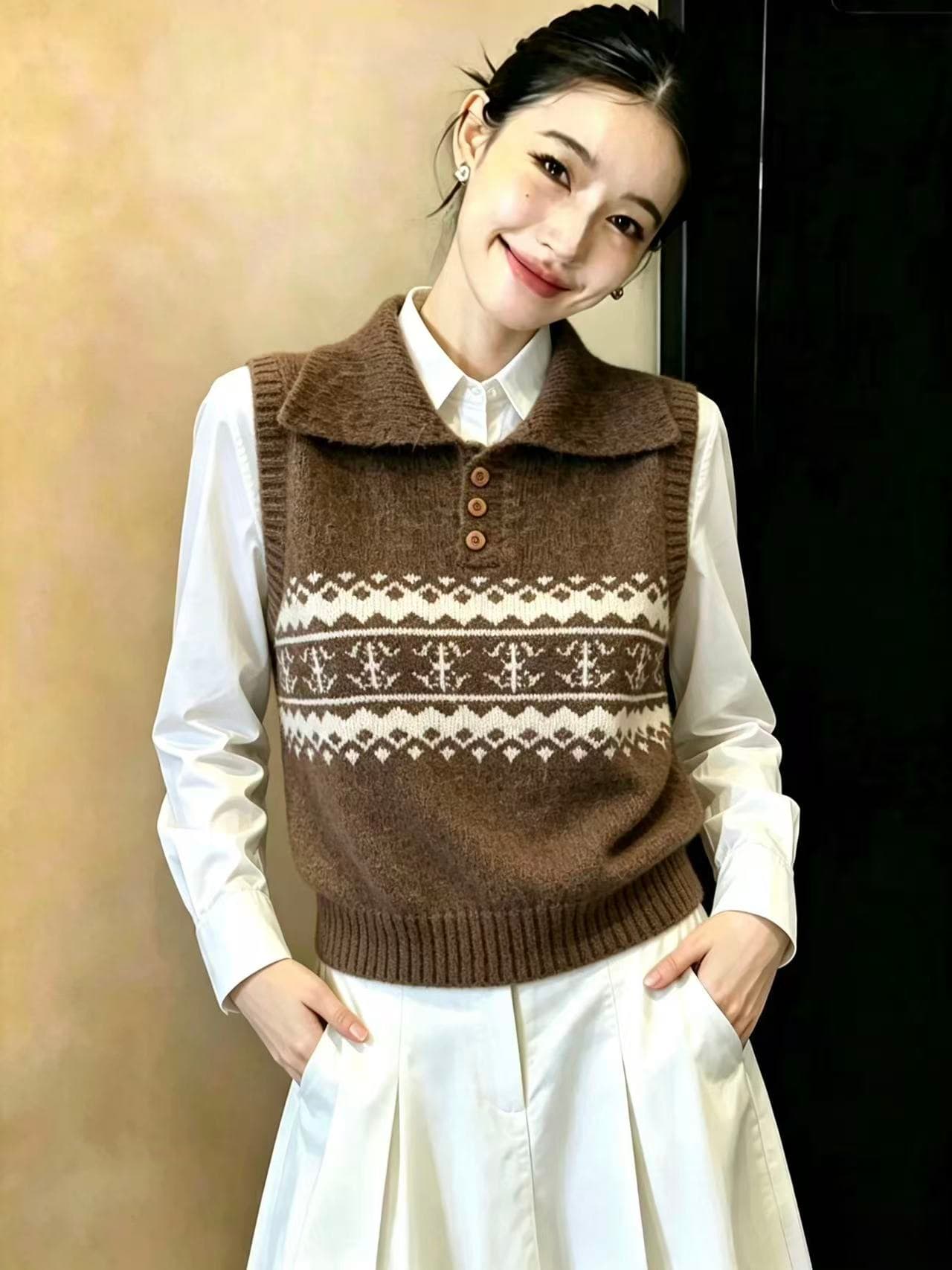 실사 공정한 섬 polo 폴로 칼라 부드러운 찹쌀 스웨터 여자 루즈핏 느긋한 출퇴근 가을 겨울 베스트 니트 스웨터 맨위 상세 이미지 3