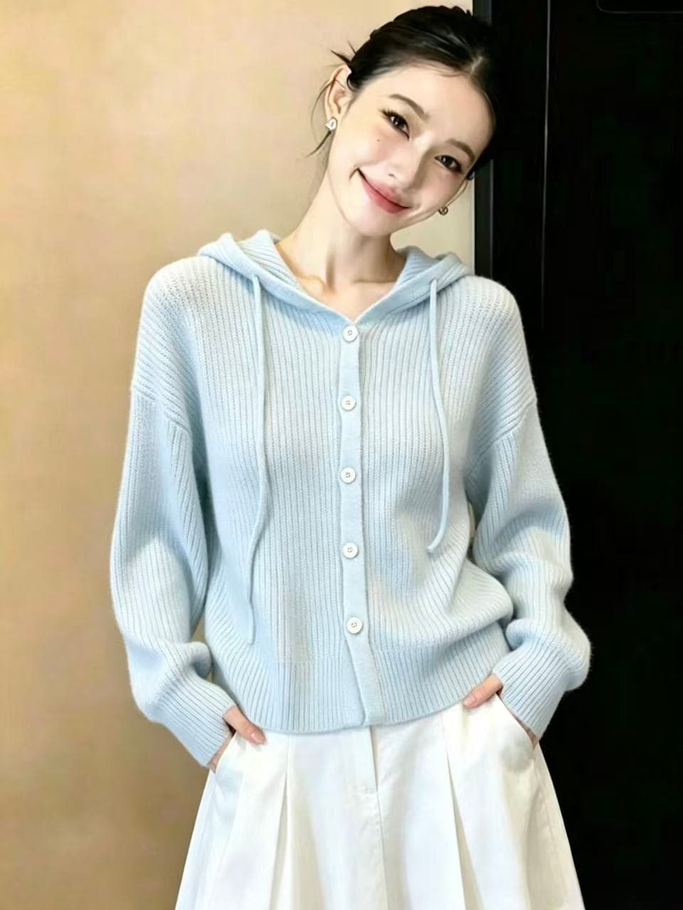 실사 한 부서 느긋한 바람 파란색 후드 양모 니트 오픈 가디건 여성 가을 겨울 새로운 와이드 부드러운 찹쌀 스웨터 상세 이미지 5