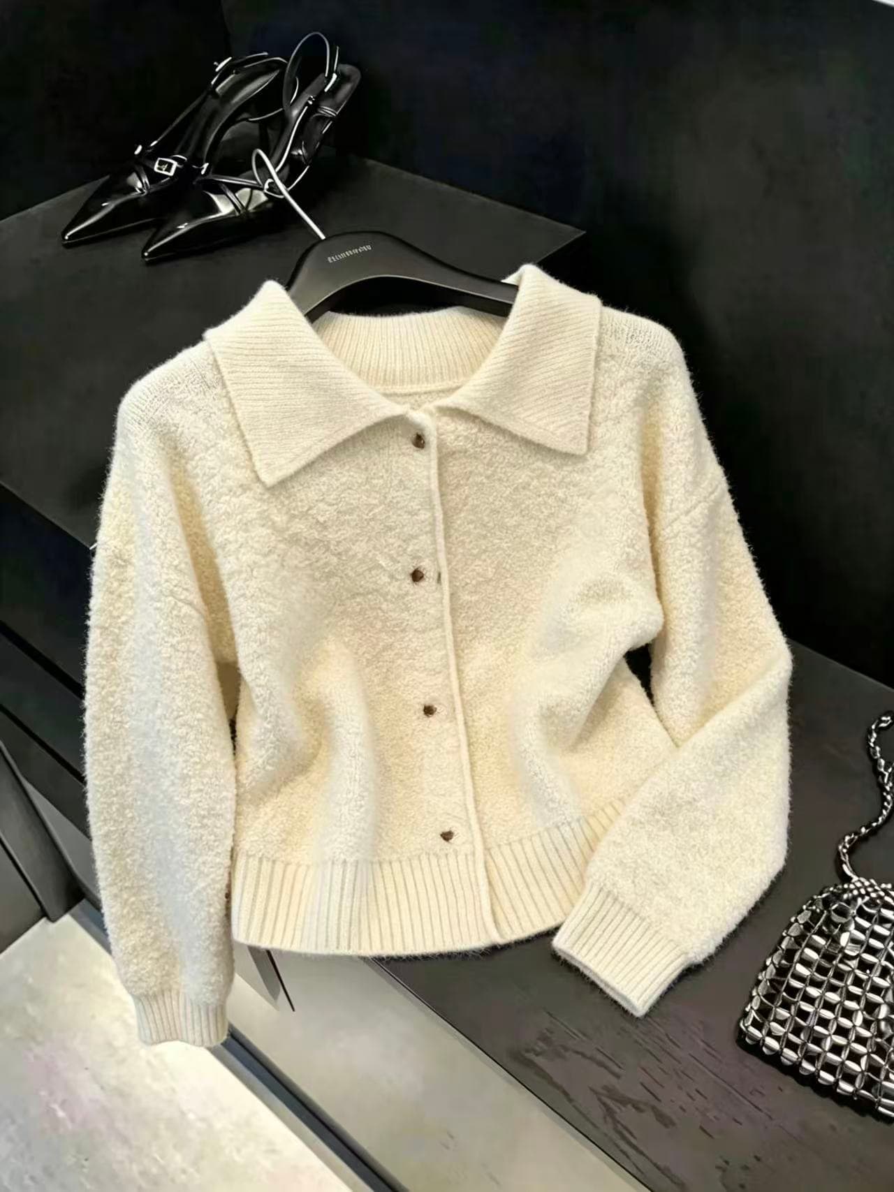 실사 한 부서 양모 폴로 칼라 베이비 칼라 스웨터 오픈 가디건 여성 가을 겨울 부드러운 찹쌀 작은 샤넬 스타일 니트 스웨터 재킷 맨위 상세 이미지 2