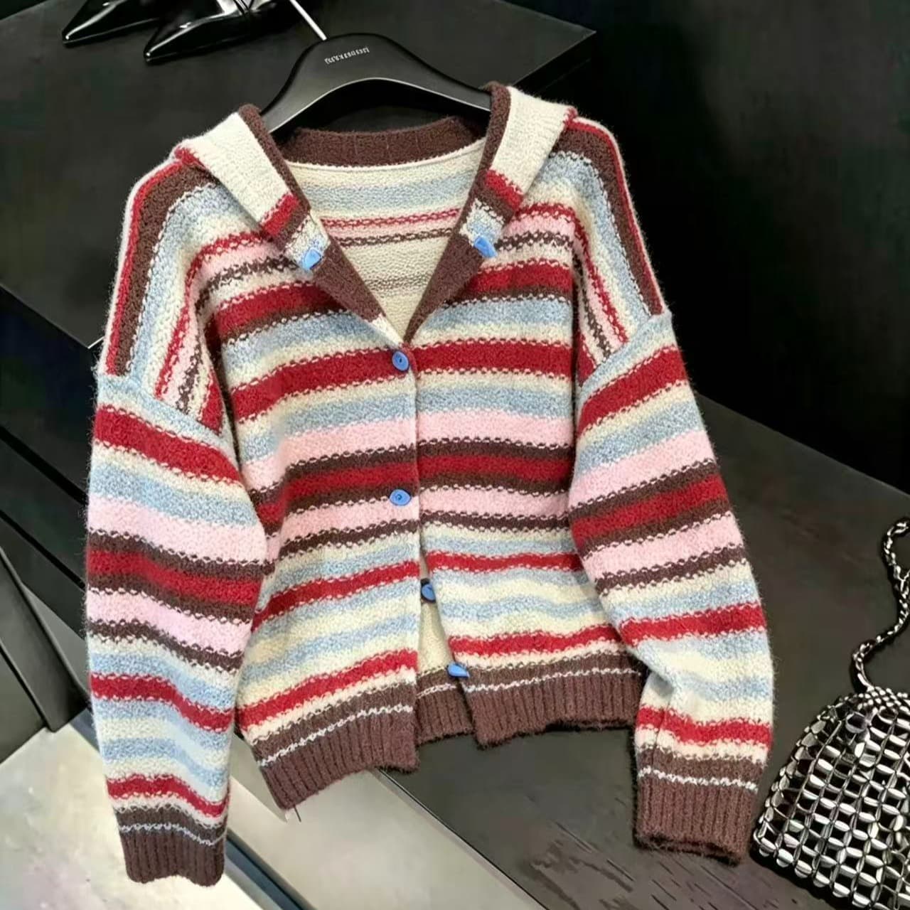 실사 한 부서 빨간색 스트라이프 후드 스웨터 오픈 가디건 여성 가을 겨울철 루즈핏 느긋한 니트 재킷 맨위 ins 이미지 6