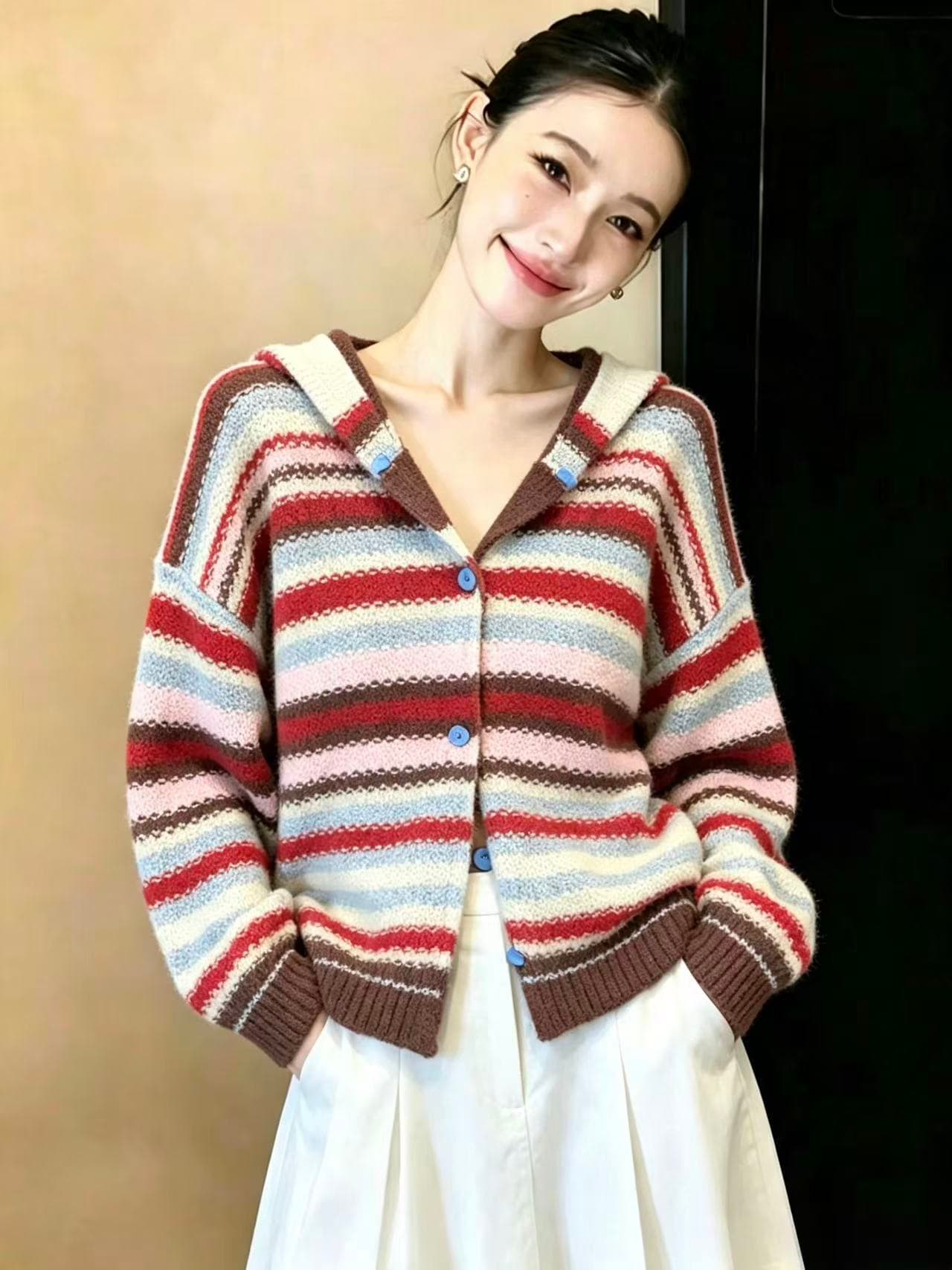 실사 한 부서 빨간색 스트라이프 후드 스웨터 오픈 가디건 여성 가을 겨울철 루즈핏 느긋한 니트 재킷 맨위 ins 상세 이미지 3