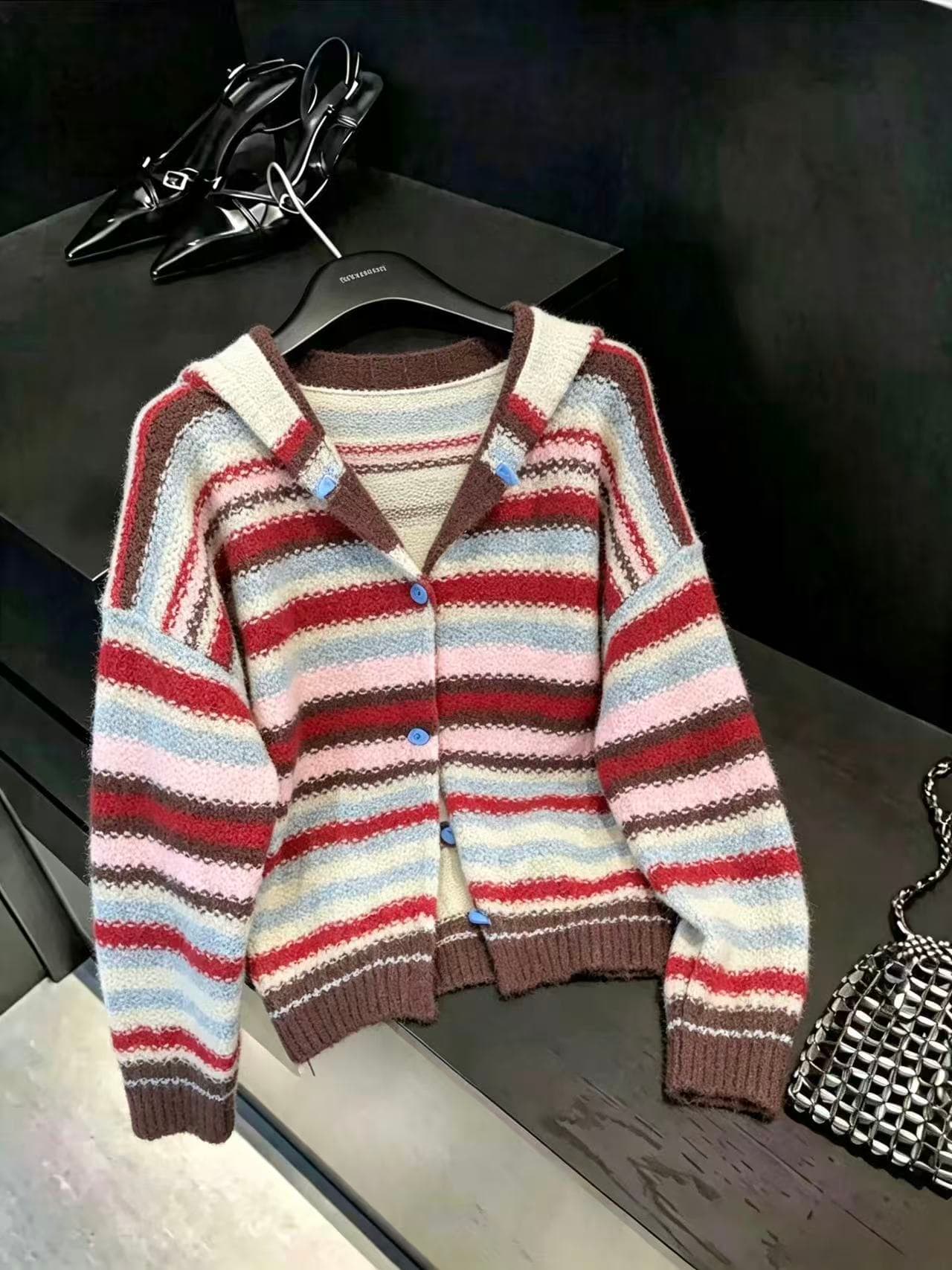 실사 한 부서 빨간색 스트라이프 후드 스웨터 오픈 가디건 여성 가을 겨울철 루즈핏 느긋한 니트 재킷 맨위 ins 상세 이미지 6