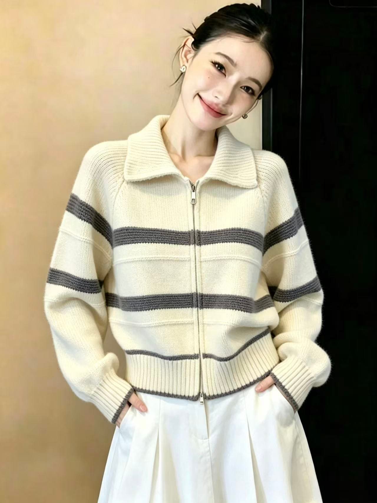 실사 스트라이프 폴로 칼라 니트 지퍼 카디건 코트 한 부서 스웨터 여자 가을 겨울 루즈핏 느긋한 고급 센스 맨위 이미지 3